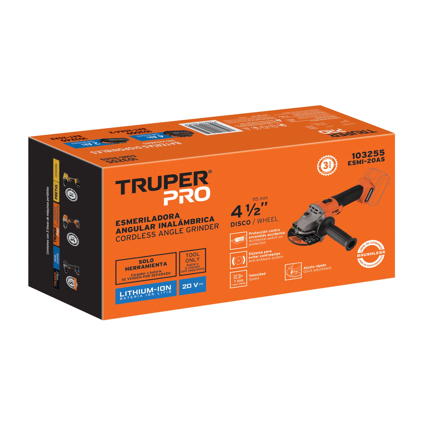 Esmeriladora inalámbrica 4-1/2", 20V, sin accesorios, PRO