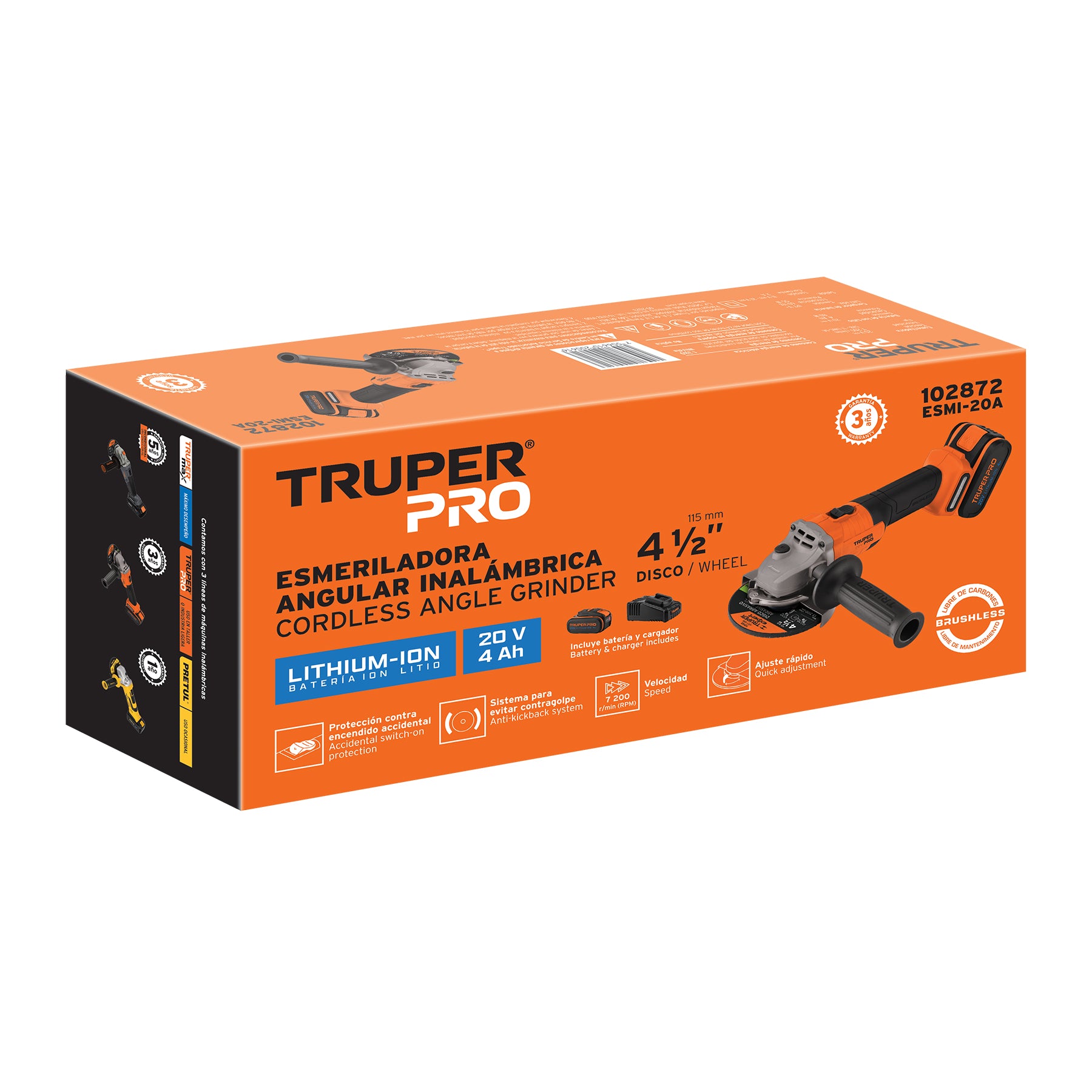 Esmeriladora inalámbrica 4-1/2", 20V, 1 batería 4Ah, PRO