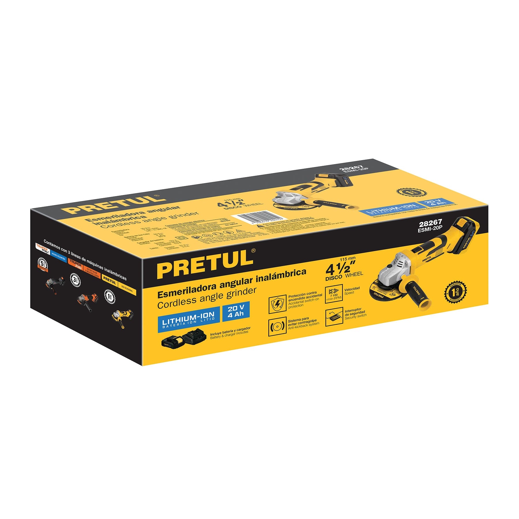 Esmeriladora 4-1/2", 20V, 1 batería 4Ah, Pretul
