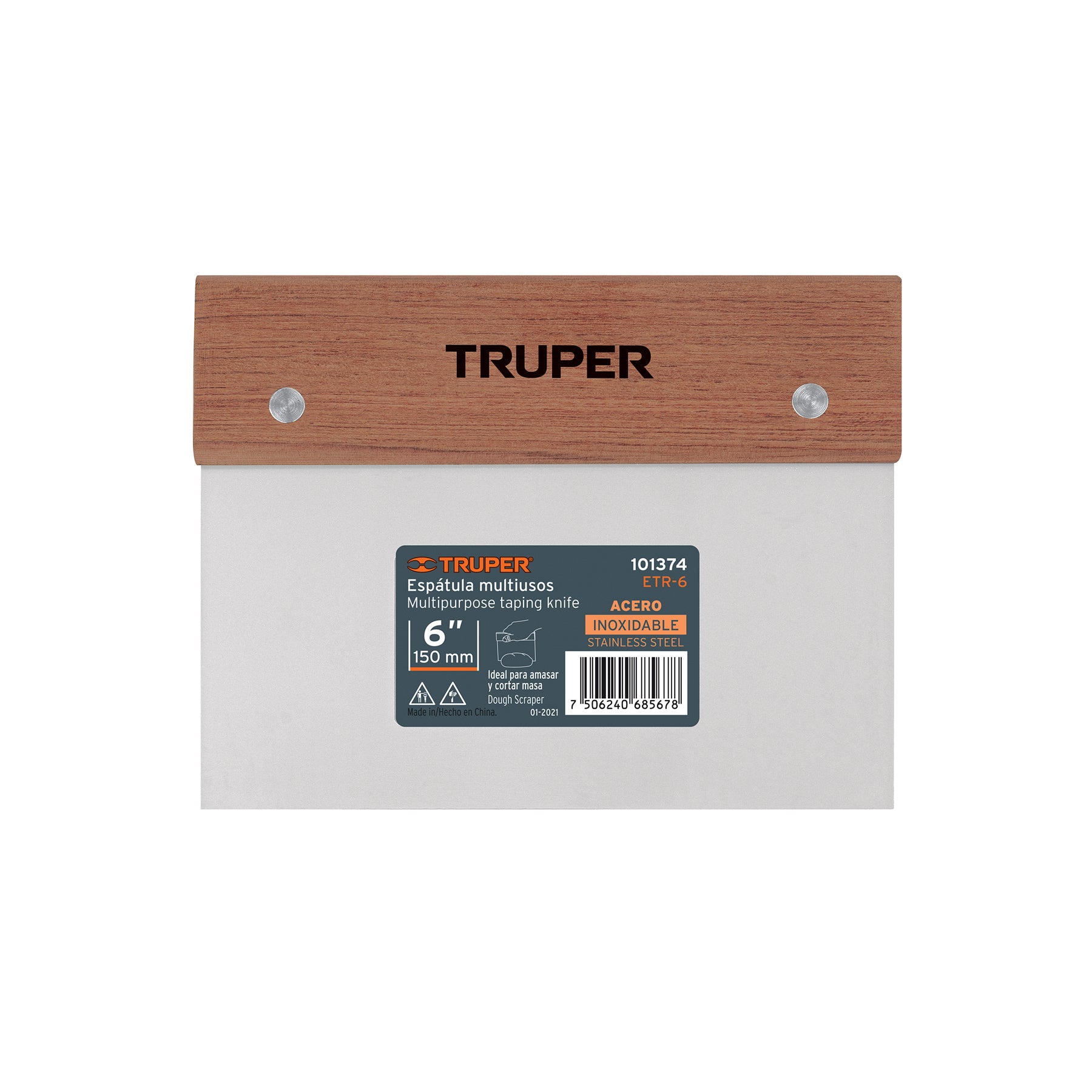 Espátula rectangular 6" x 3" acero inoxidable, mango madera