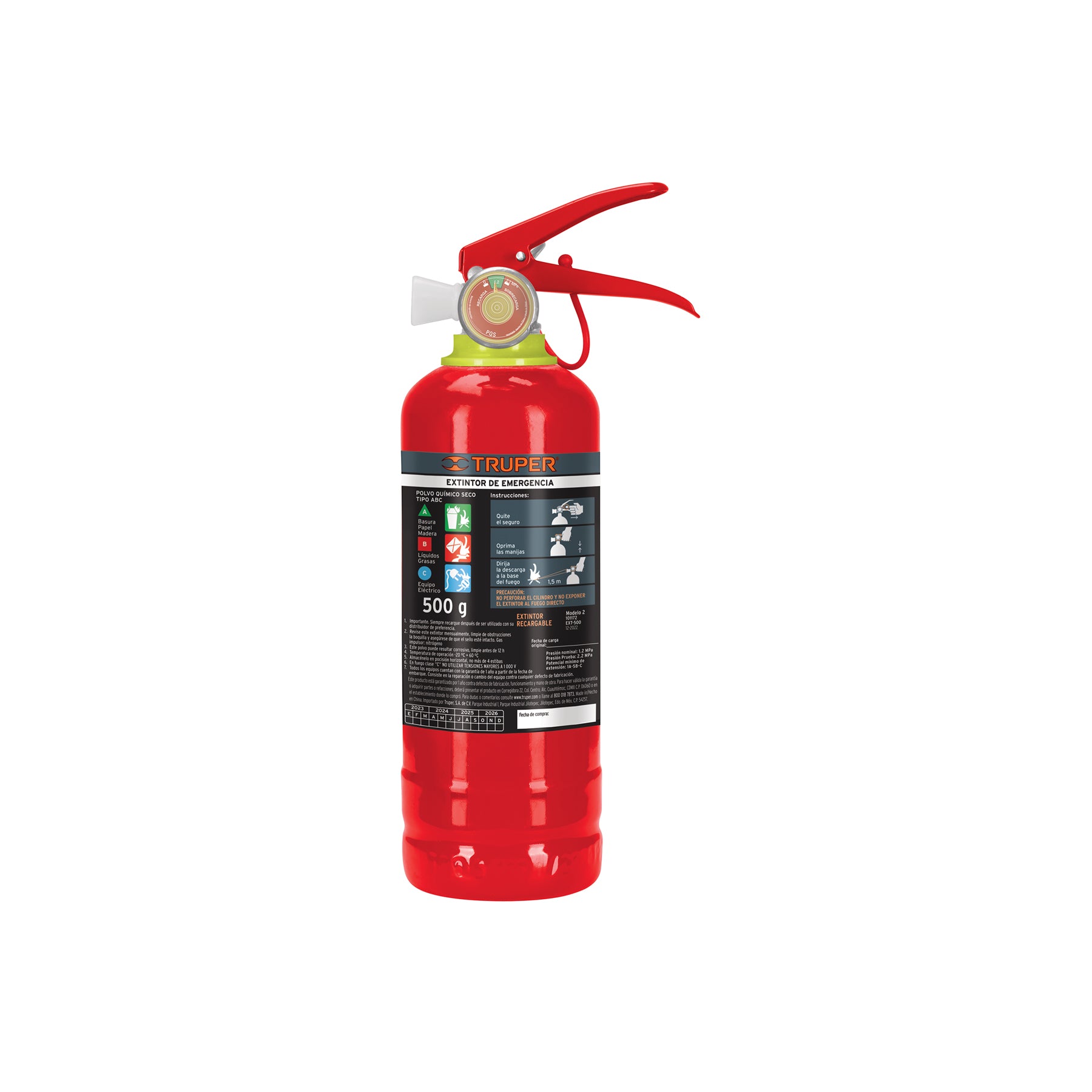 Extintor portátil recargable 0.5 kg, polvo tipo ABC, Truper