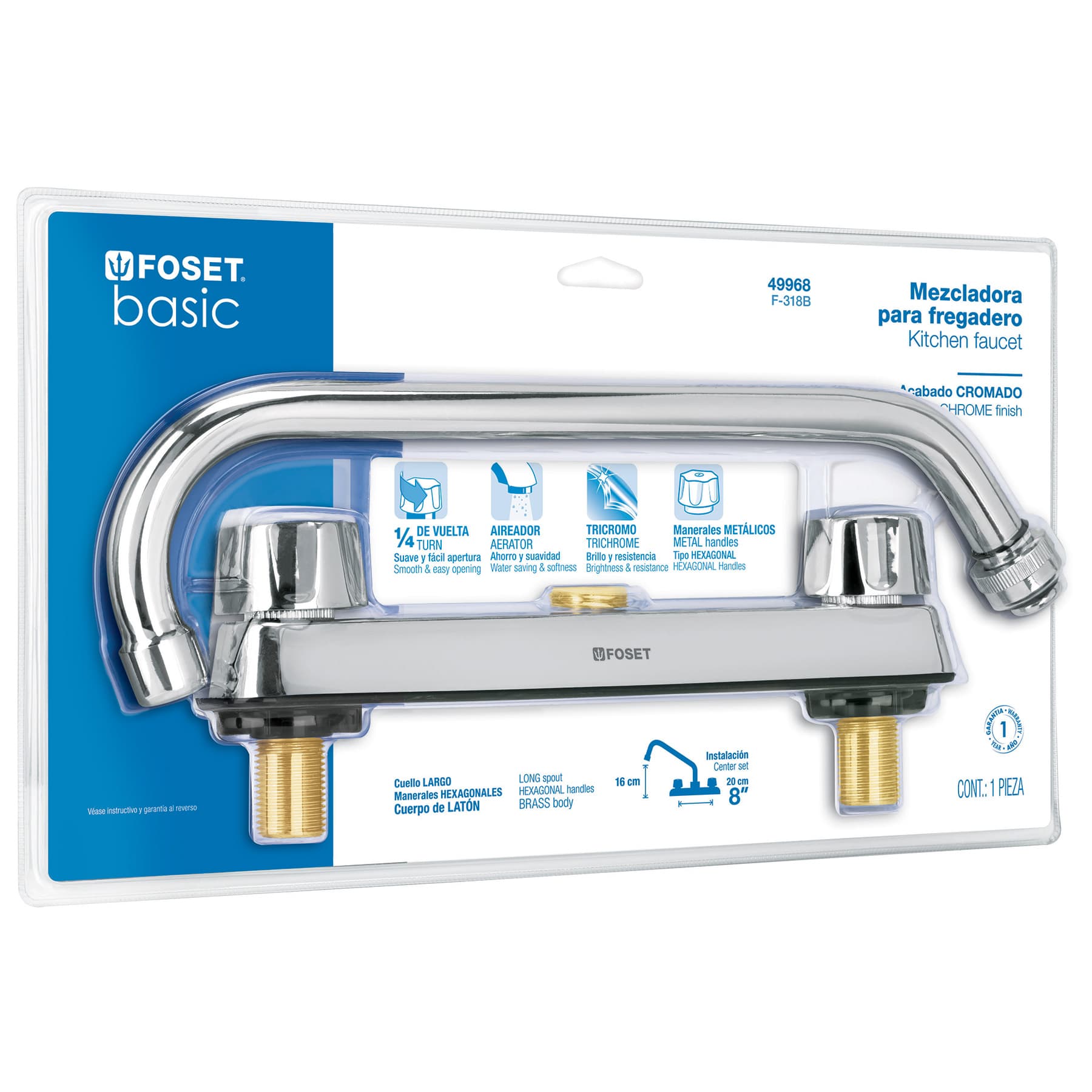 Mezcladora 8" fregadero, ABS, cuello largo, hexagonales, blíster, BASIC, Foset, F-318B, 49968