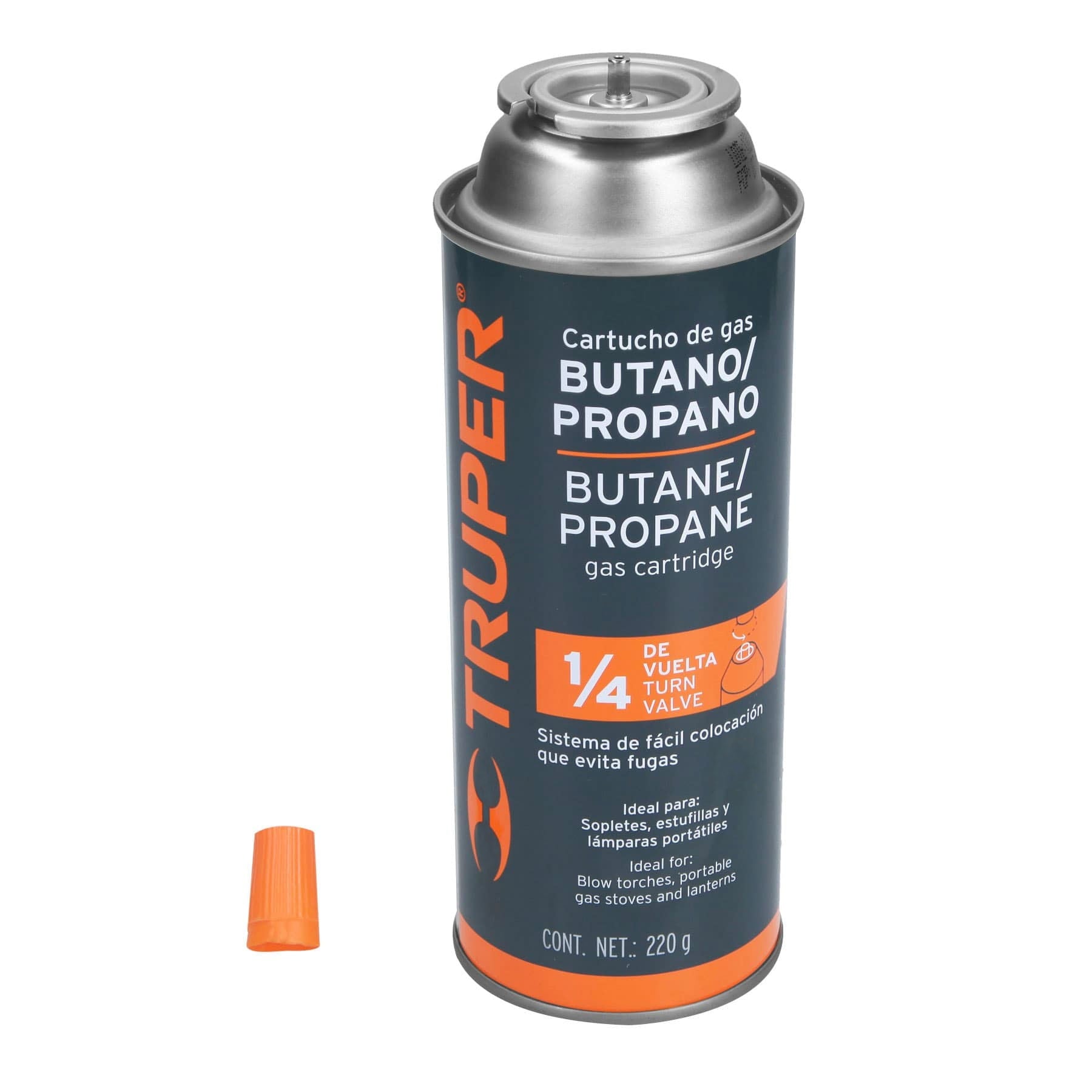 Lata de gas de 220g con válvula de 1/4 de vuelta, Truper