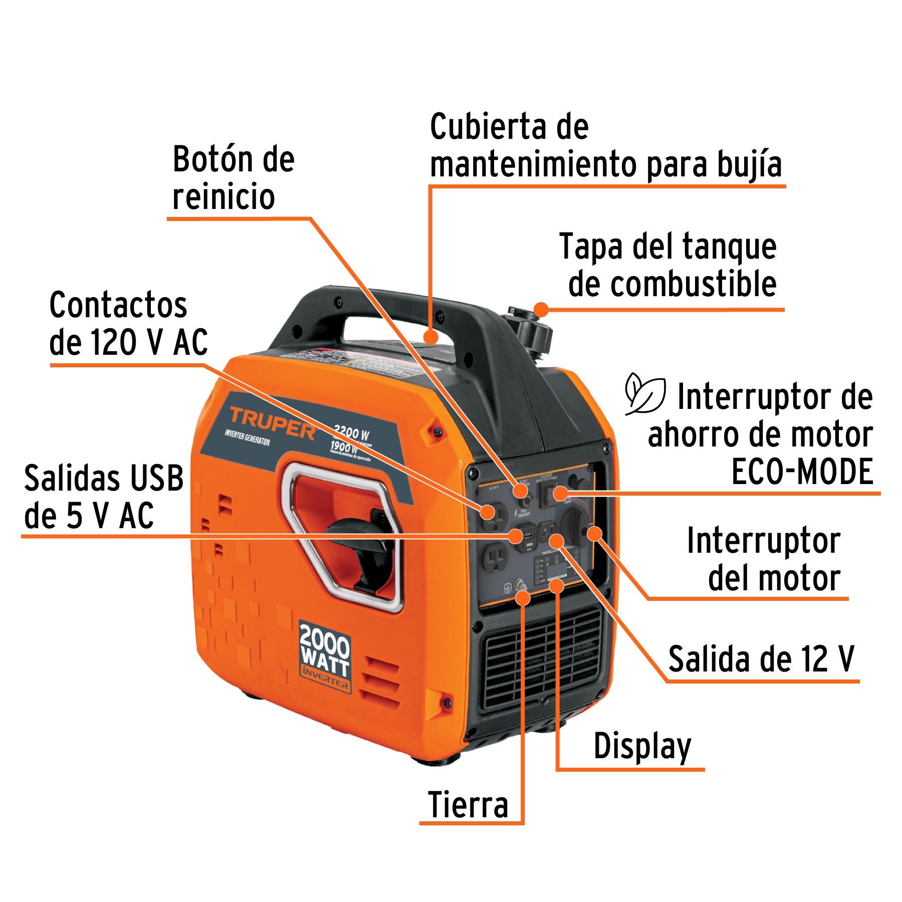 Generador silencioso inverter 2.2kW, 80 cc, encendido manual