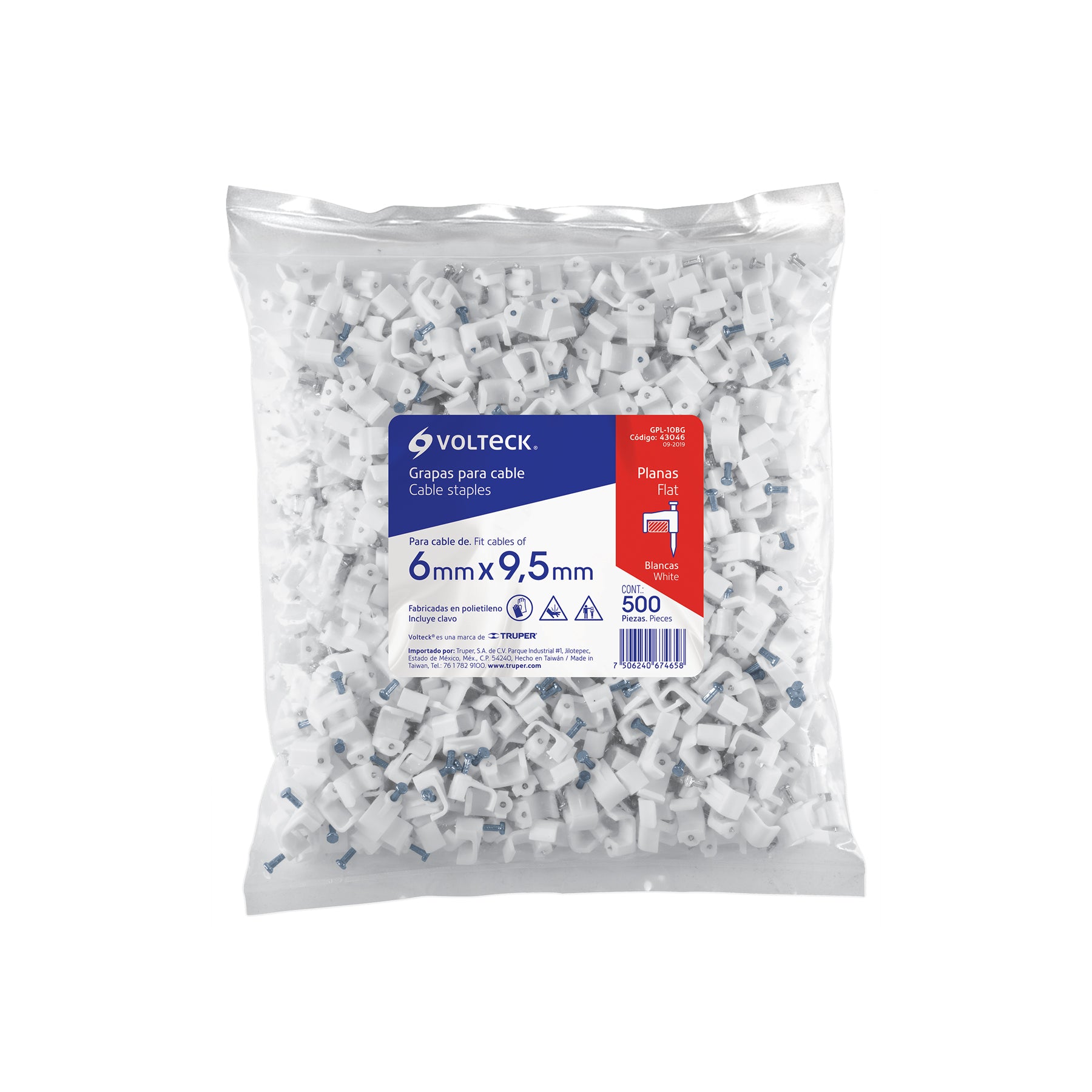 Bolsa con 500 grapas blancas de 6 x 9.5 mm para cable plano, Volteck, GPL-10BG, 43046