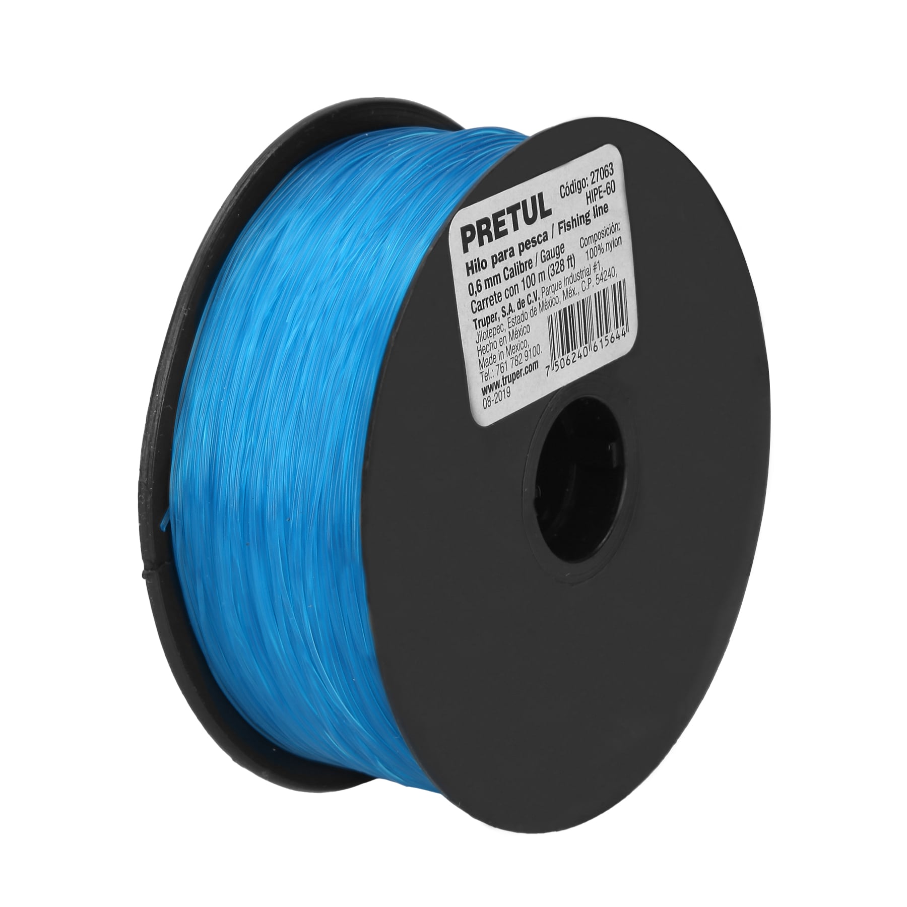 Carrete con 100 m de hilo para pesca azul calibre 0.60 mm, Pretul, HIPE-60, 27063