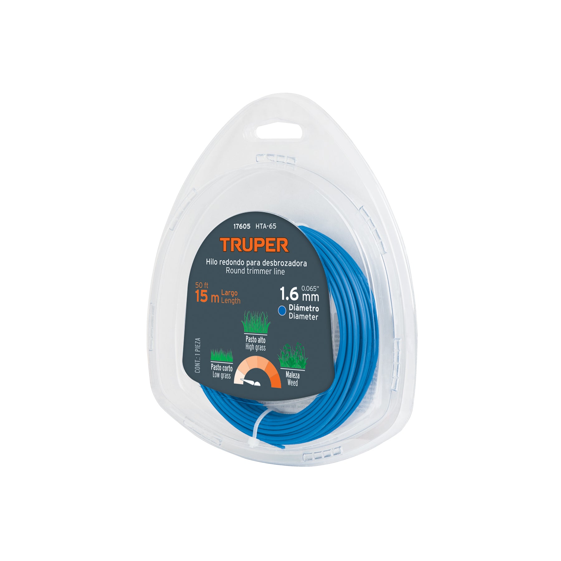 Hilo redondo, para desbrozadora, 1.6mm x 15m, blíster, Truper, HTA-65, 17605