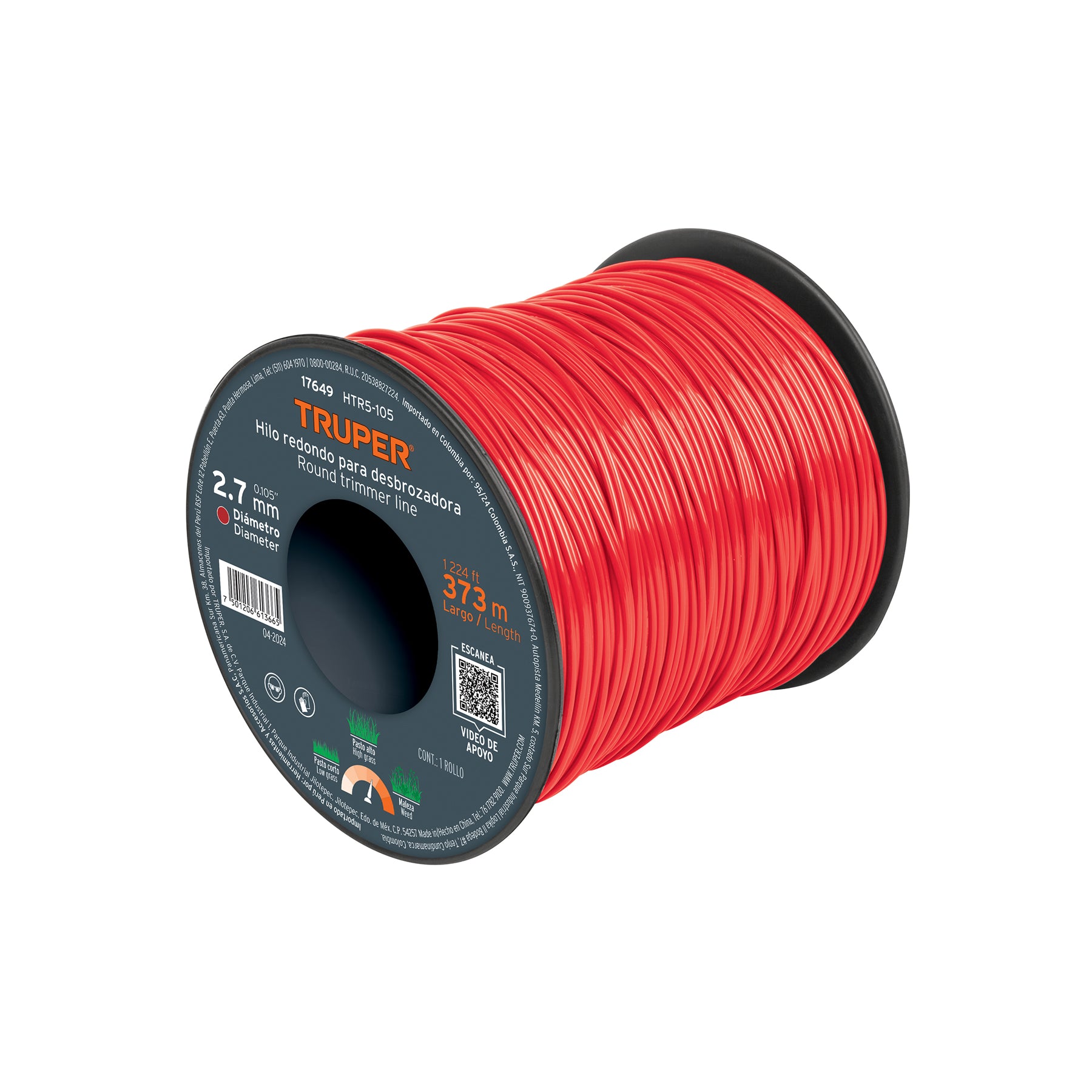 Hilo redondo, para desbrozadora 2.7mm x 373m, carrete Truper