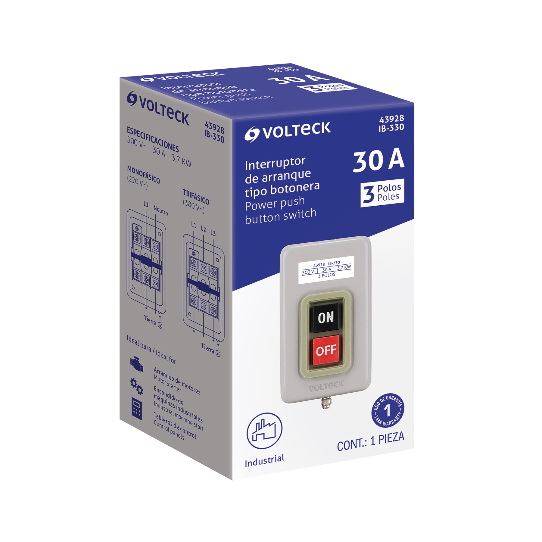 Interruptor de arranque tipo botonera 30A, metálico, Volteck, IB-330, 43928