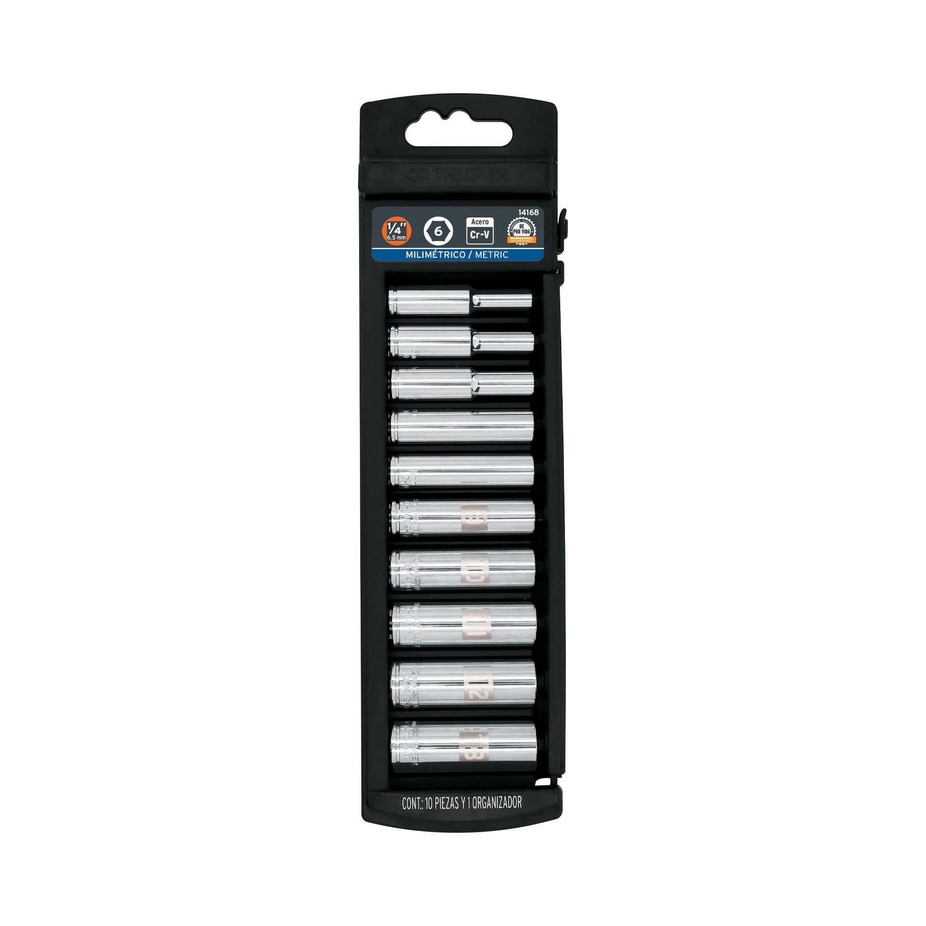 Juego de 10 dados largos cuadro 1/4" mm, Truper