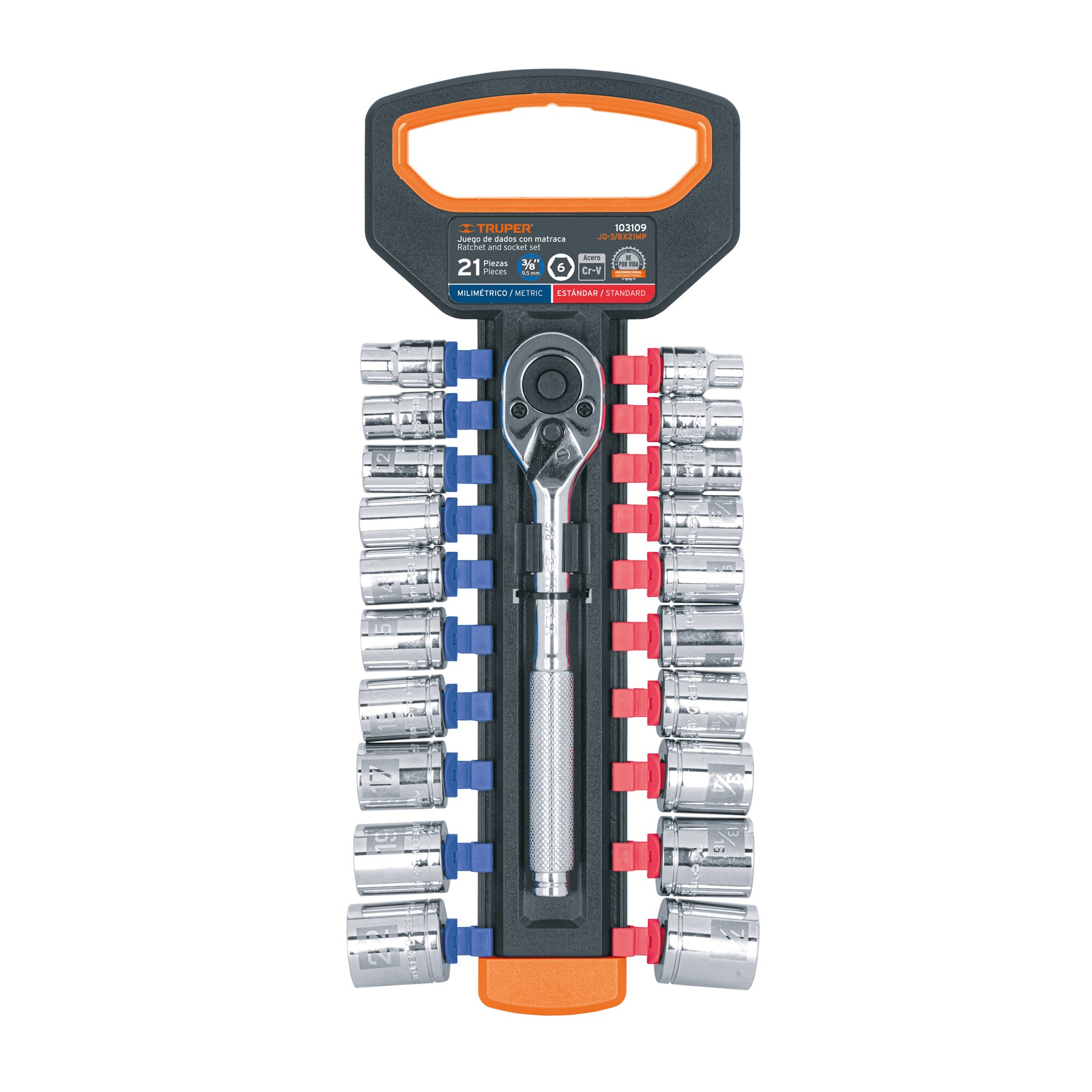 Juego de dados mm y estándar con matraca, cuadro 3/8", Truper