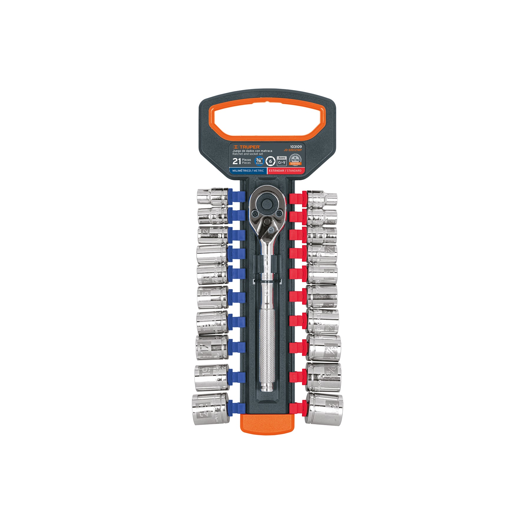 Juego de dados mm y estándar con matraca, cuadro 3/8", Truper