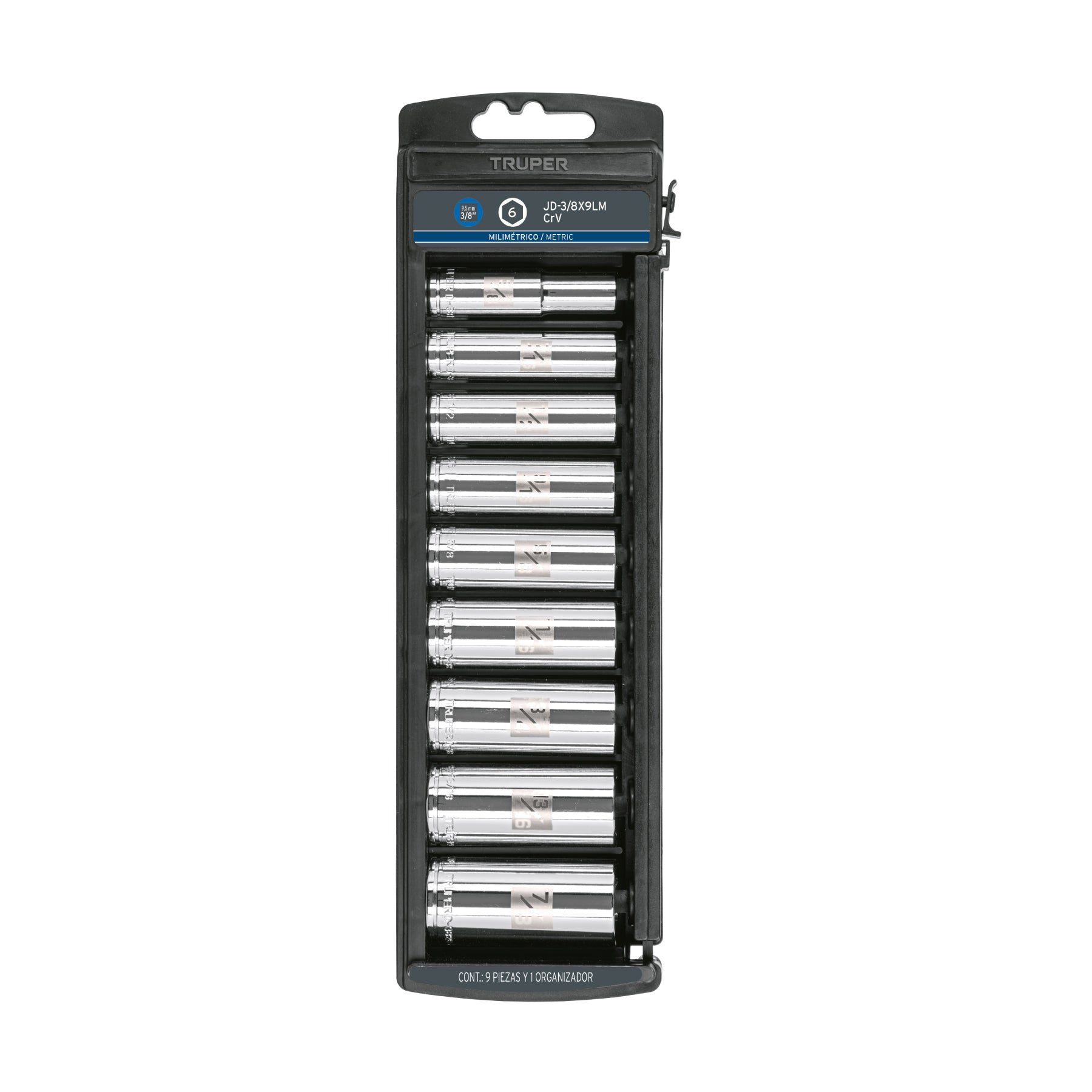 Juego de 9 dados largos cuadro 3/8" mm, Truper