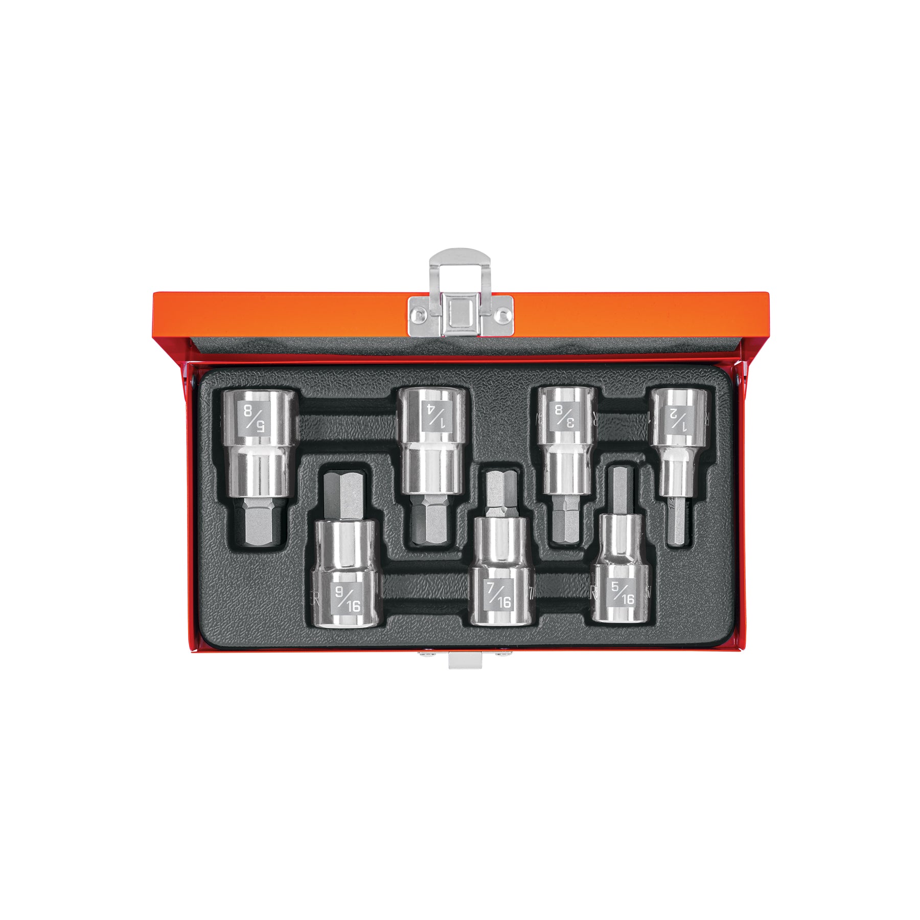 Juego de 7 dados cuadro 1/2" punta hex estándar, estuche metálico