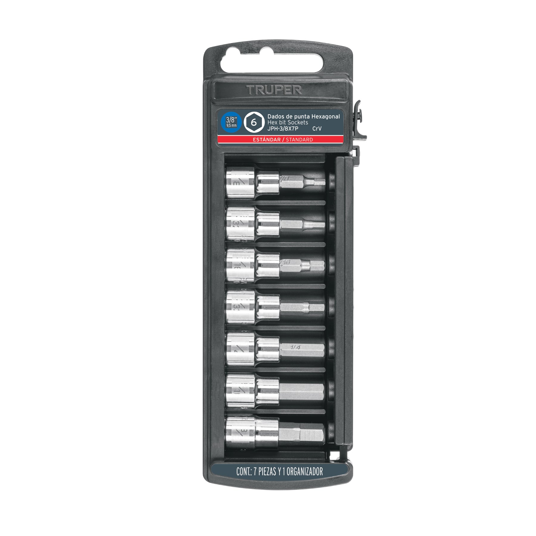 Juego de 7 dados punta hexagonal estándar, cuadro 3/8", Truper
