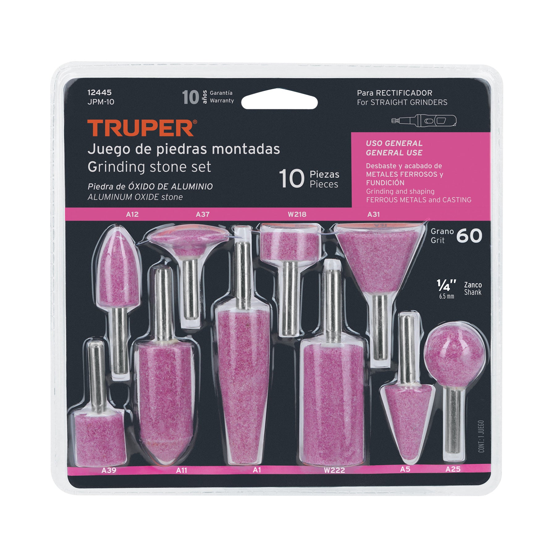 Juego de 10 piedras montadas zanco 1/4", uso general, Truper