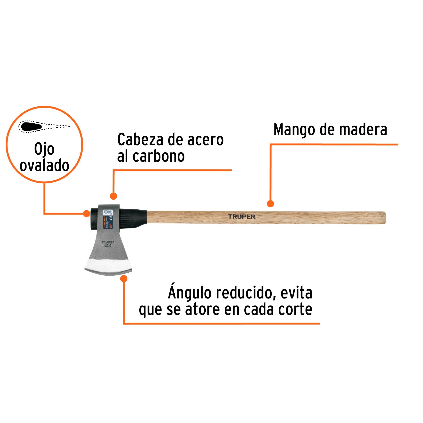 Hacha labor entera 4 lb, mango de madera 36", TRUPER