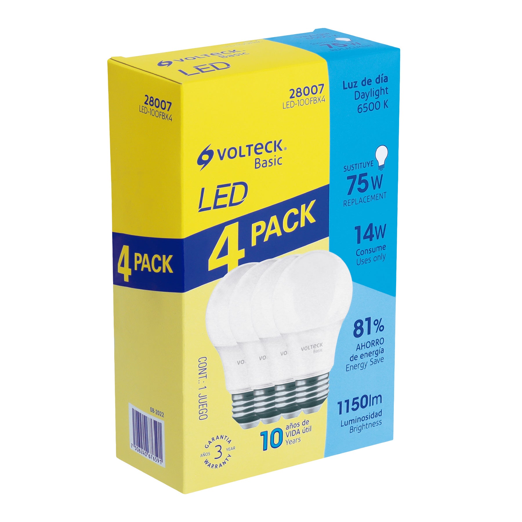 Pack 4 focos LED 14W (75W) A19, 6500K fría, 1150 lm, BASIC, Volteck, LED-100FBX4, 28007