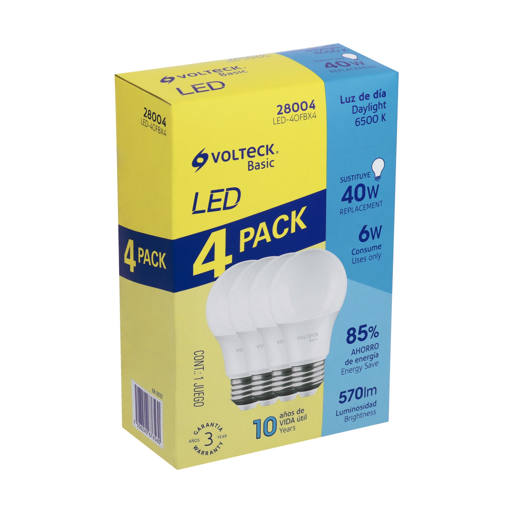 Pack 4 focos LED 6W (40W) A19, 6500K fría, 570 lm, BASIC, Volteck, LED-40FBX4, 28004