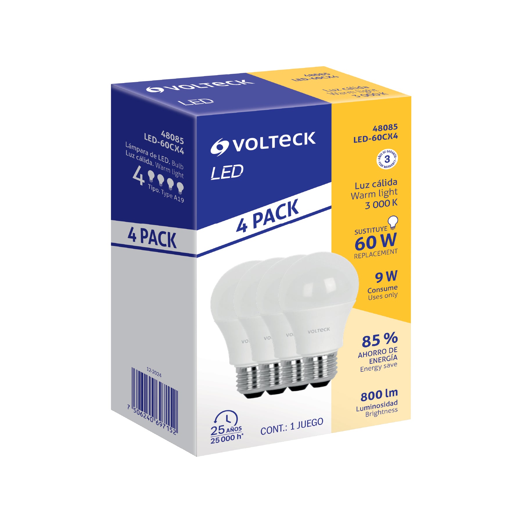Pack 4 focos LED 9W (60W) A19, 3000K blanca cálida, 800 lm, Volteck, LED-60CX4, 48085