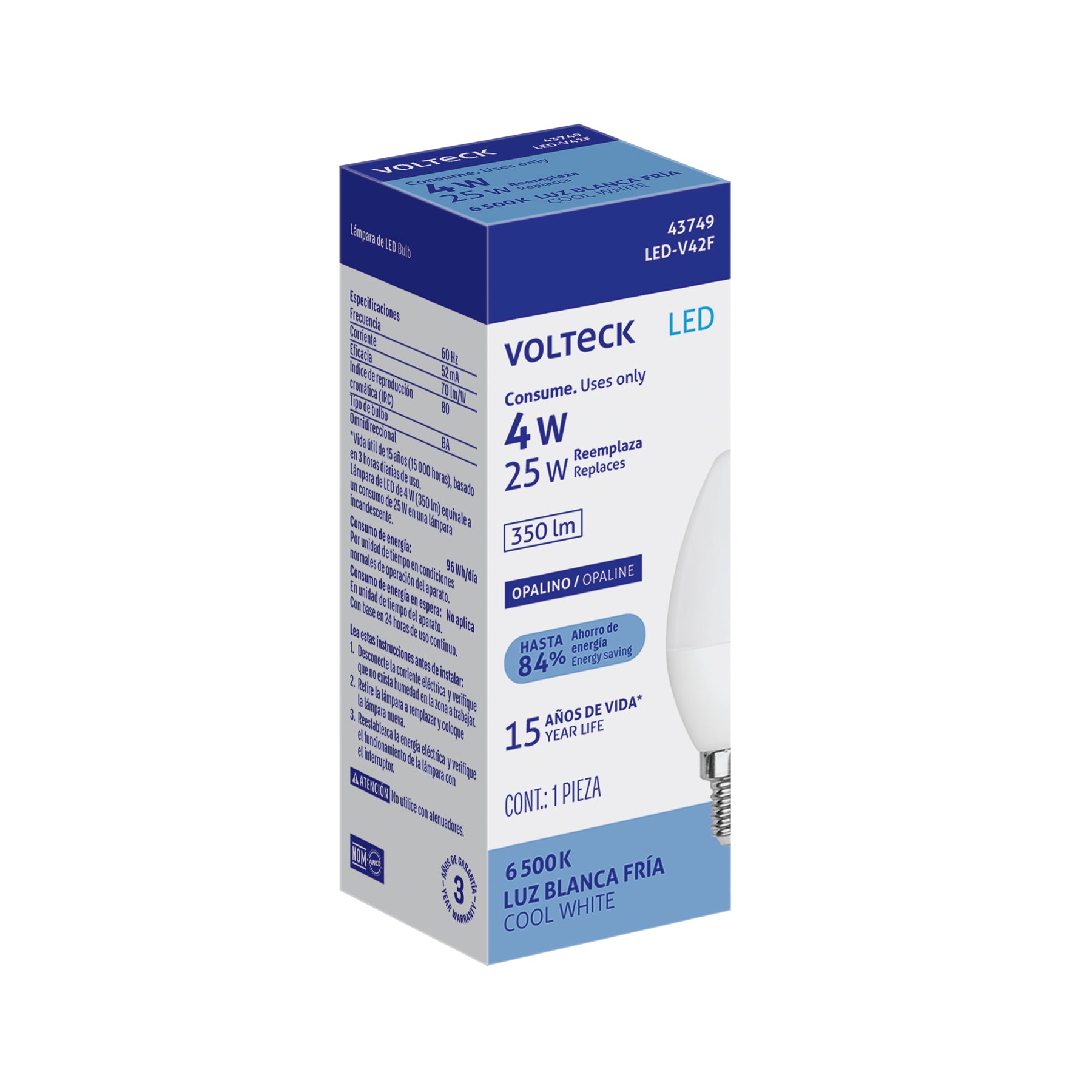 Foco LED tipo vela 4W (25W), luz blanca brillante 6500K, E12, Volteck, LED-V42F, 43749