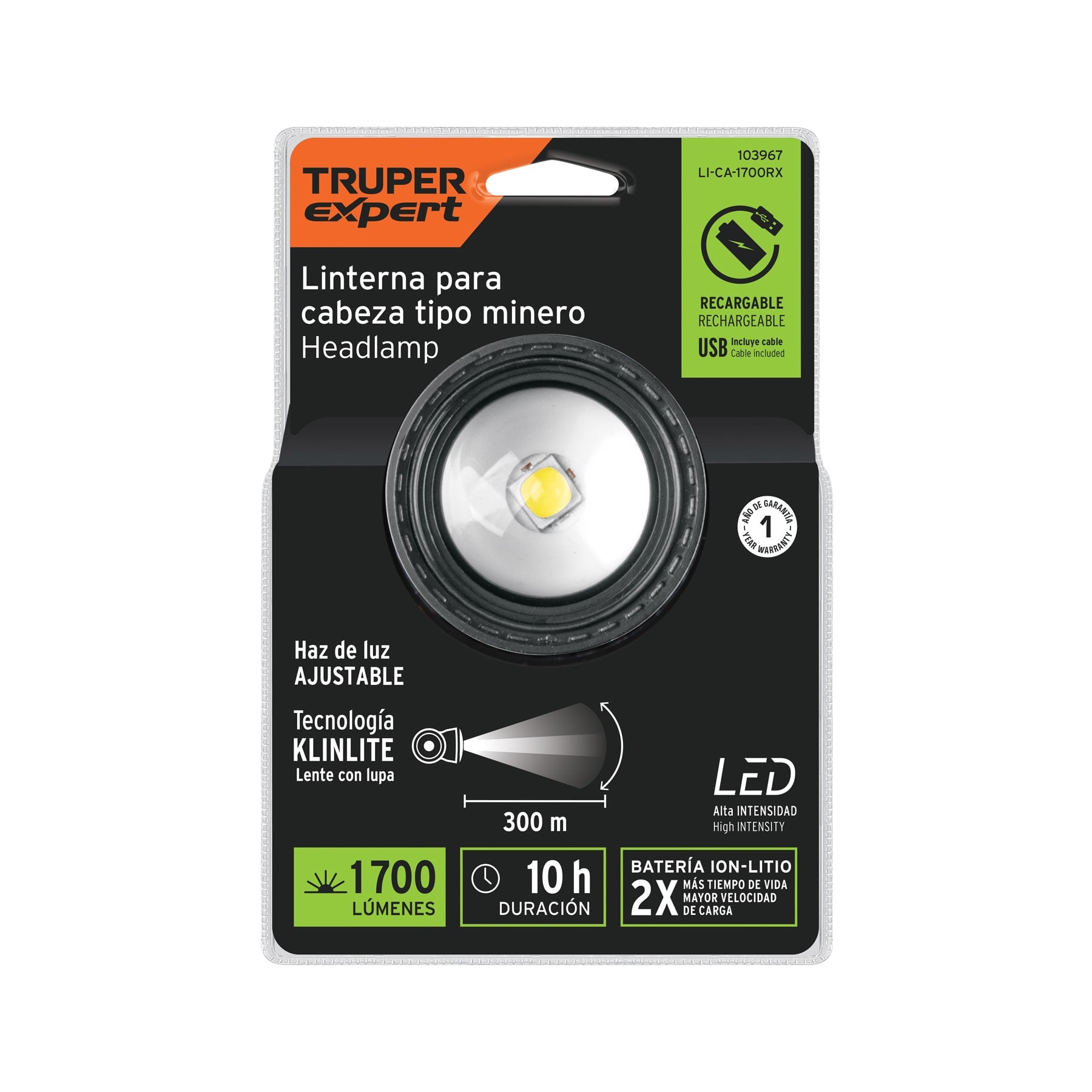 Linterna de minero LED 1700 lm, recargable, Truper, LI-CA-1700RX, 103967