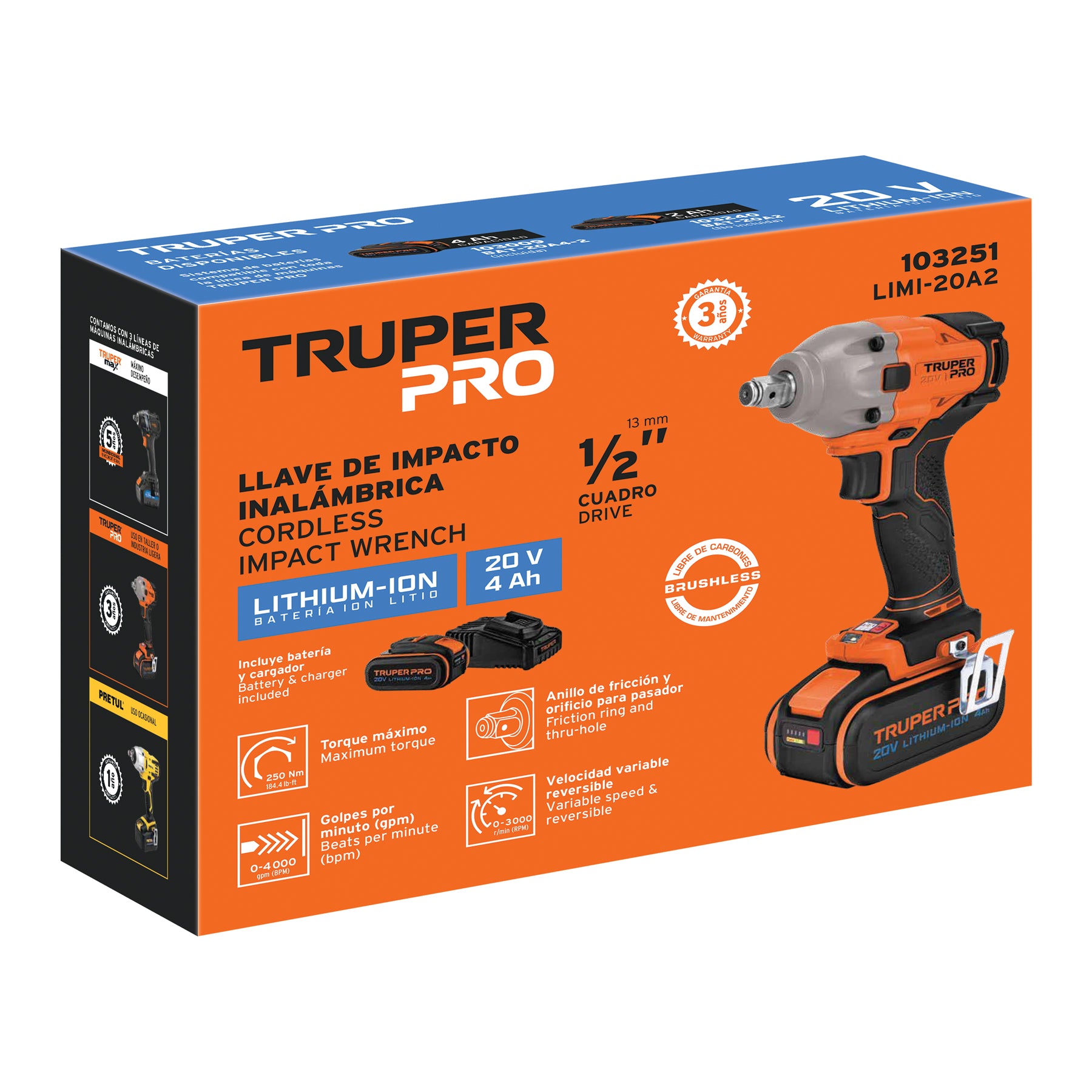 Llave de impacto inalámbrica 1/2", 20V, 184 lb/ft, 1 batería 4Ah, PRO