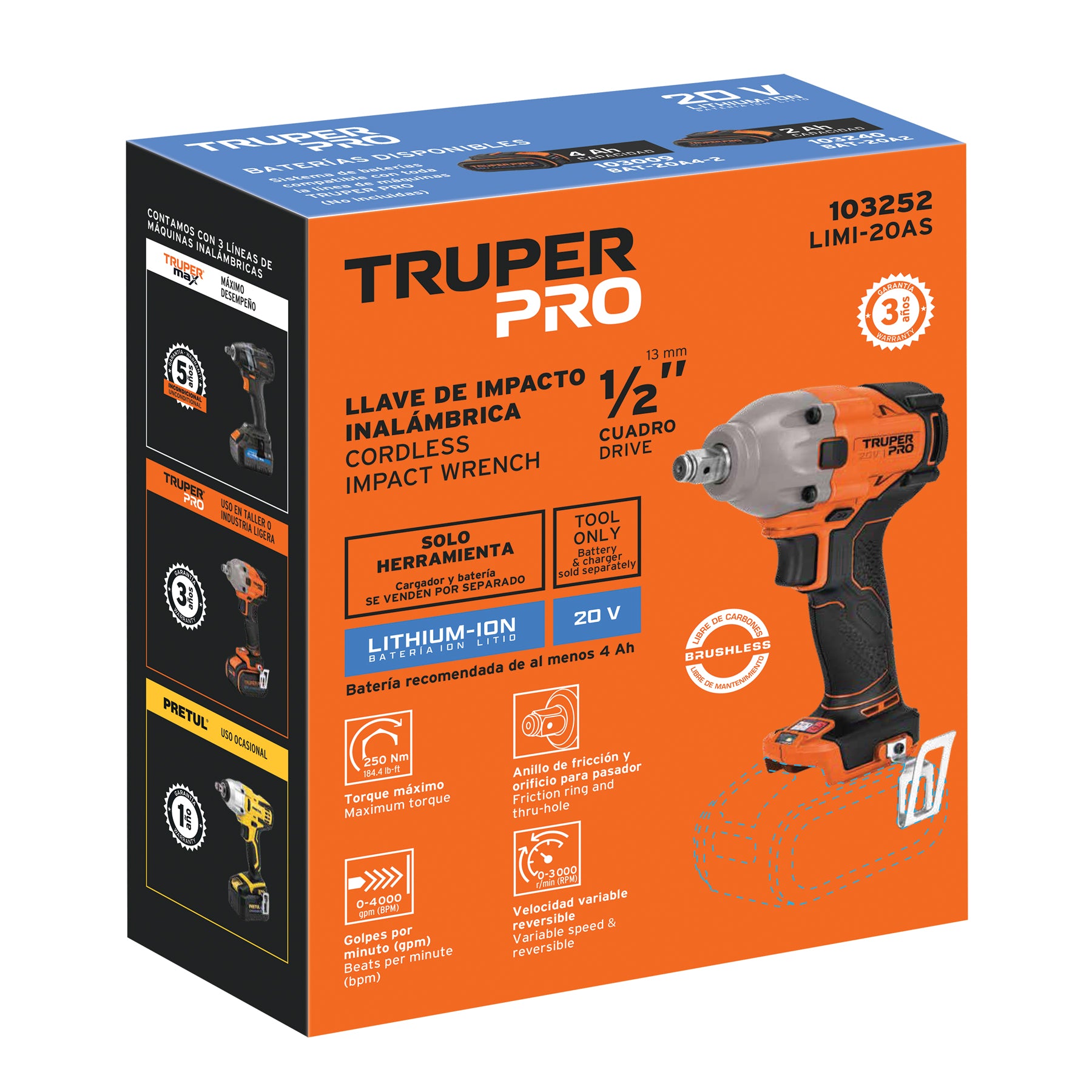 Llave de impacto inalámbrica 1/2", 20V, 184 lb/ft, sin accesorios, PRO