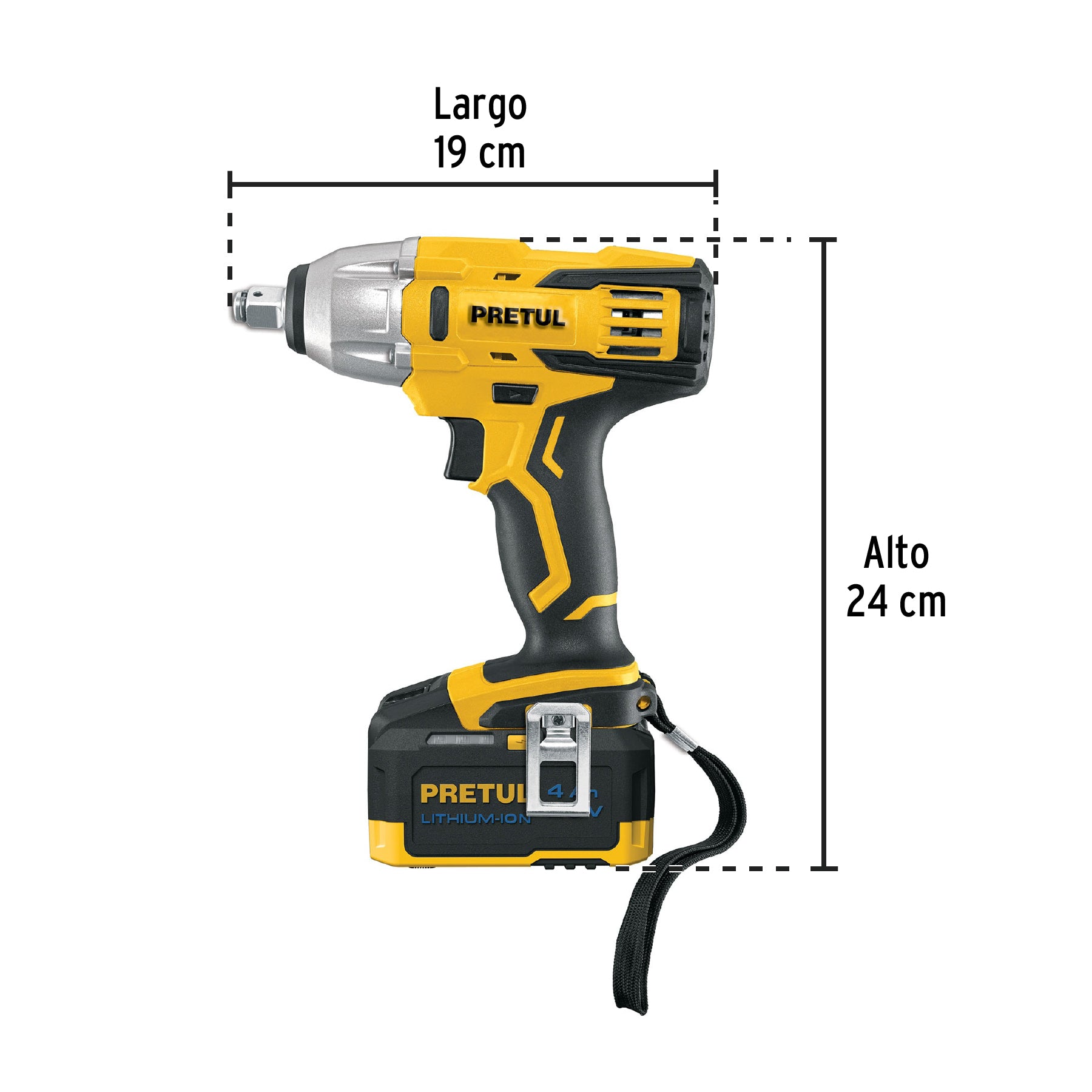 Llave de impacto inalámbrica 1/2", 20V, 155 lb/ft, 1 batería 4Ah, Pretul