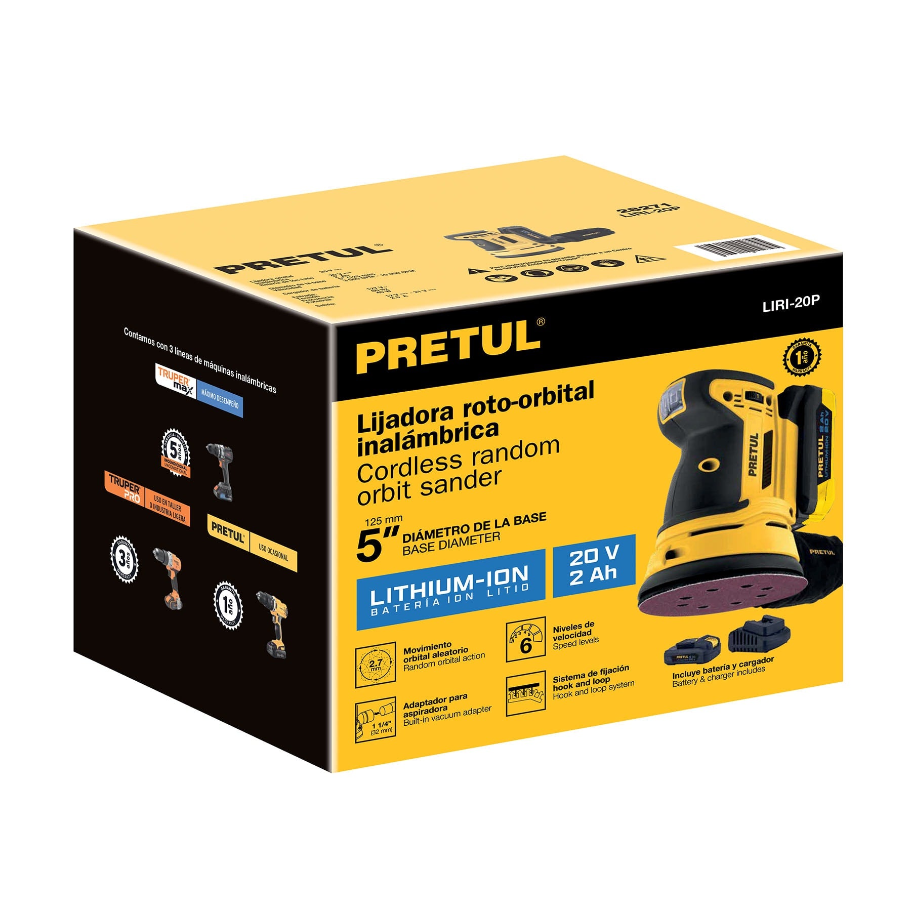 Lijadora roto-orbital inalámbrica 5", 20V, 1 batería 2Ah, Pretul