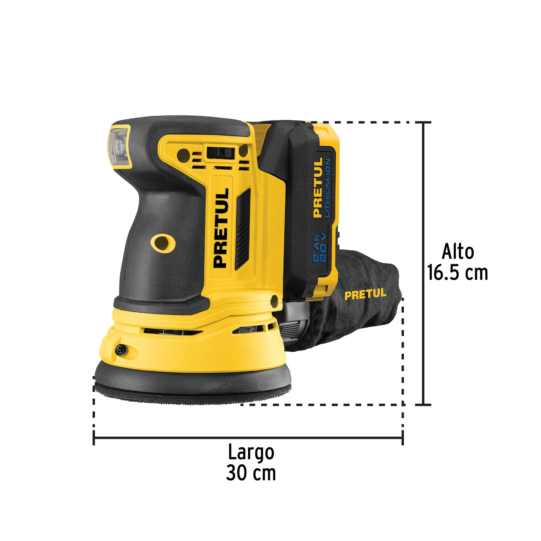 Lijadora roto-orbital inalámbrica 5", 20V, 1 batería 2Ah, Pretul