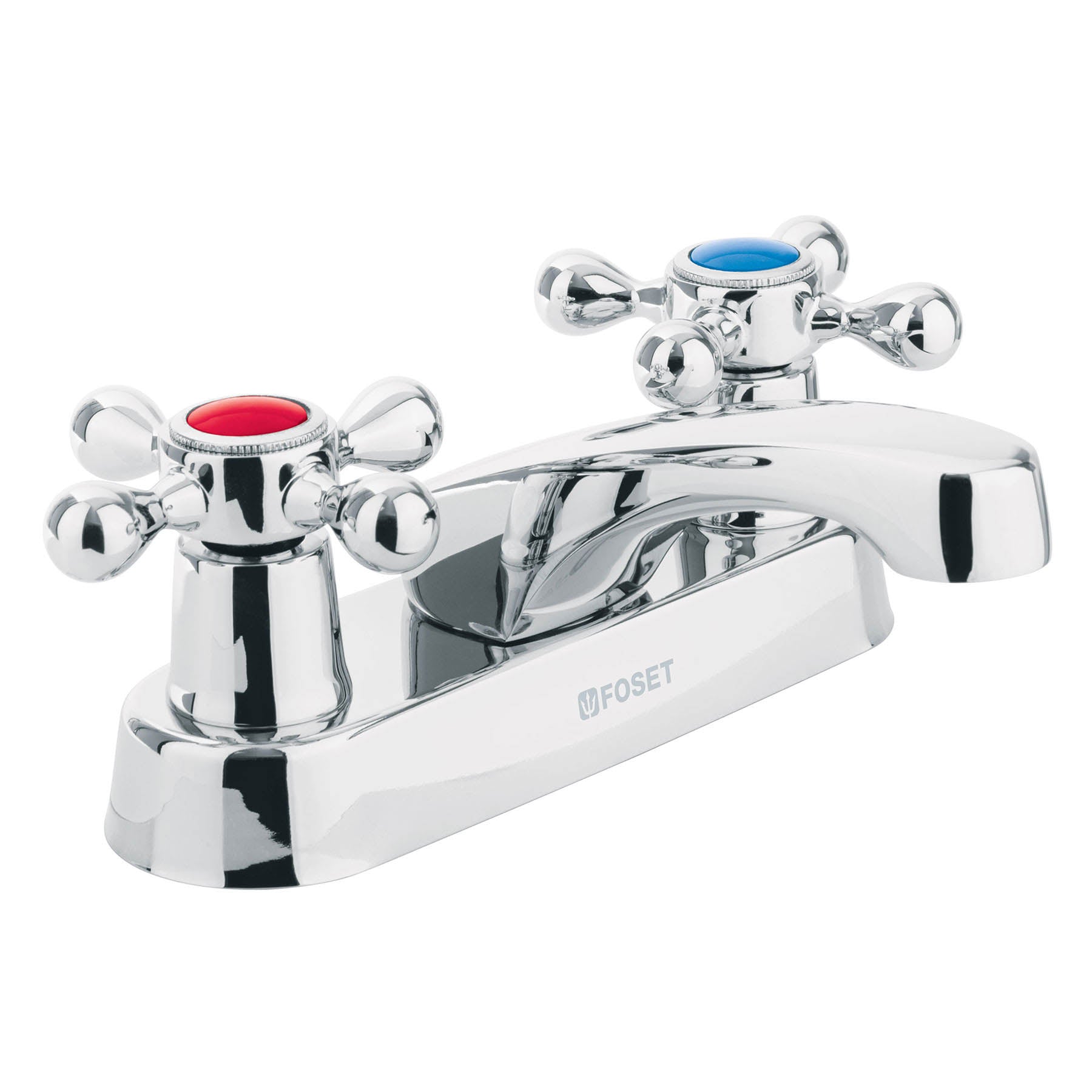 Mezcladora 4" para lavabo, nariz larga, manerales cruceta, Foset, M-048E, 47680