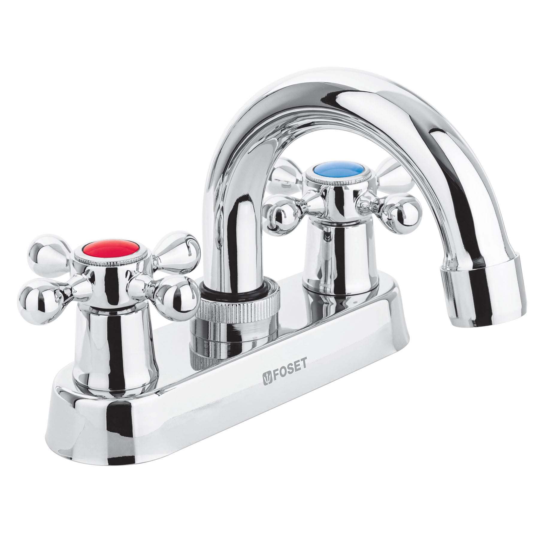 Mezcladora 4" para lavabo, cuello curvo, manerales cruceta, Foset, M-050E, 47681