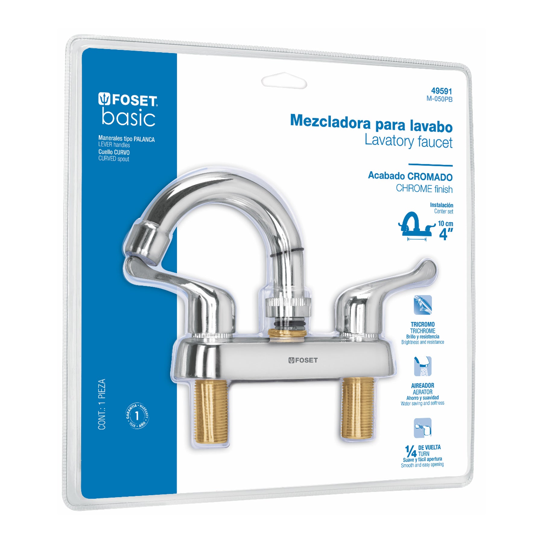 Mezcladora 4" lavabo, ABS,cuello curvo,palanca,blíster,BASIC, Foset, M-050PB, 49591