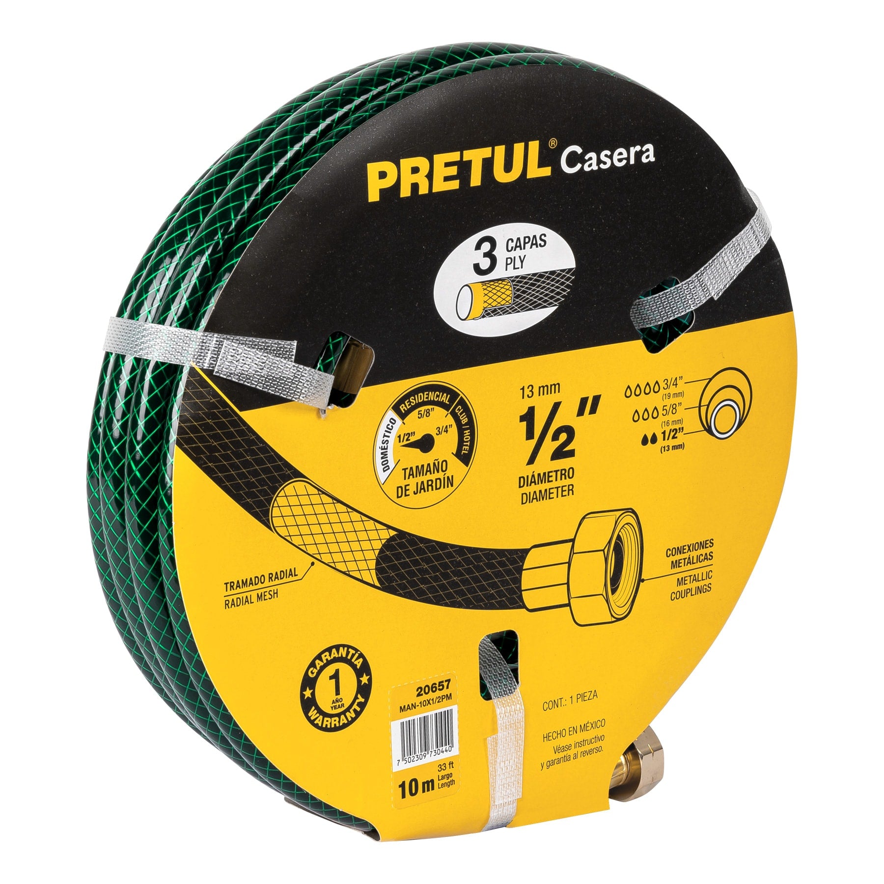 Manguera 1/2" reforzada 3 capas conexiones metal 10m, Pretul, MAN-10X1/2PM, 20657