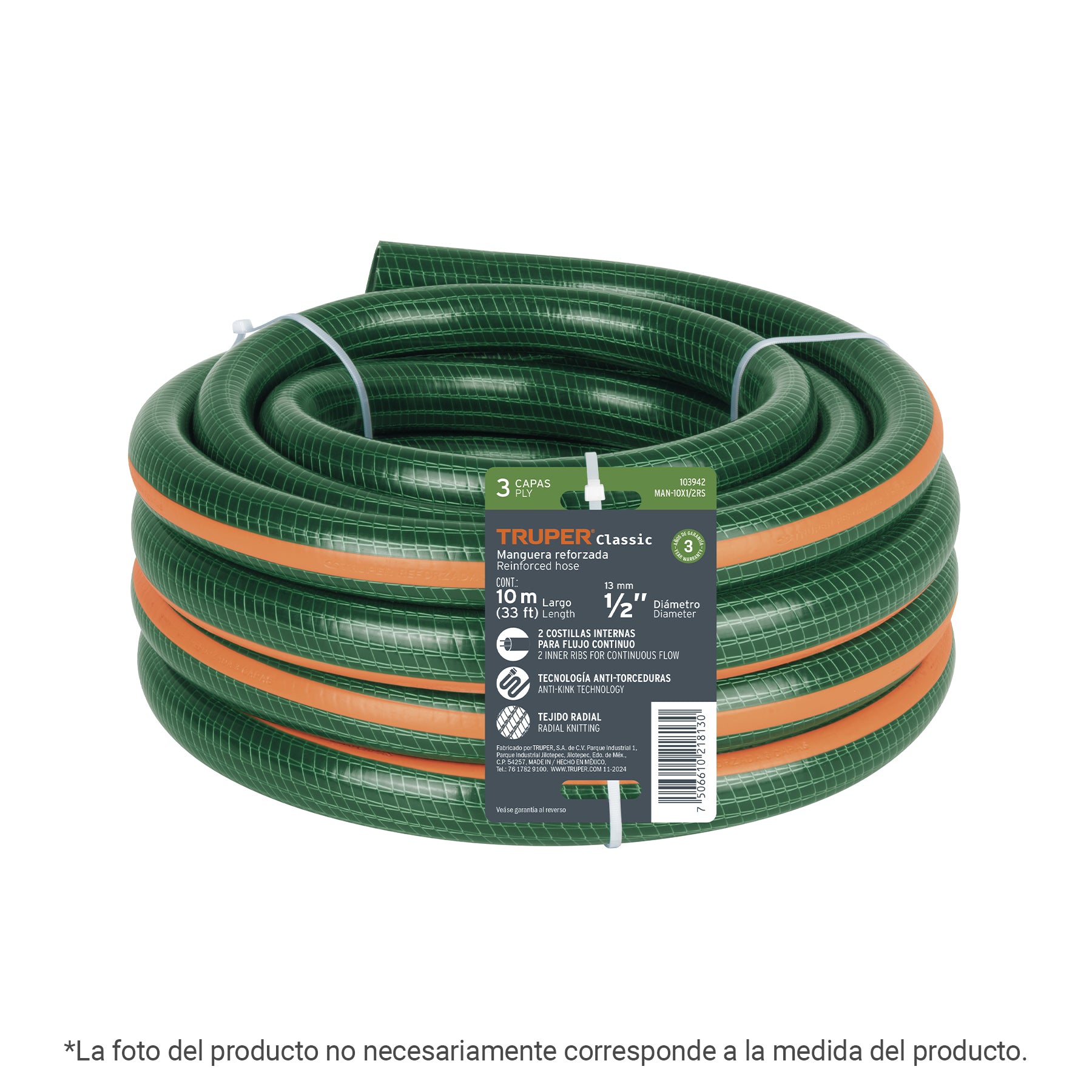 Manguera de jardín 1/2", 3 capas, 15m, sin conexiones Truper