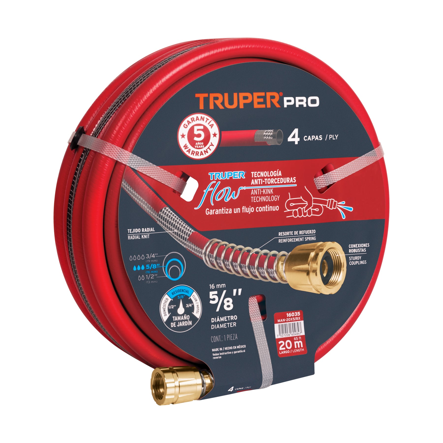 Manguera 5/8" super reforzada 4 capas 20 m conexiones metal