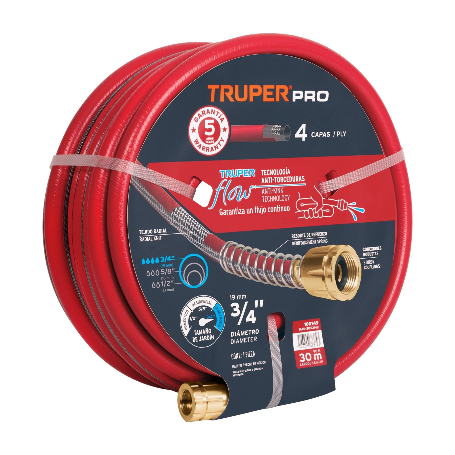 Manguera 3/4" super reforzada 4 capas conexiones metal 30m