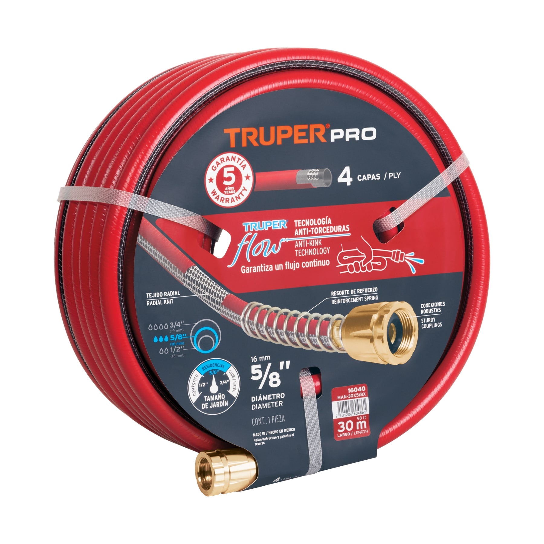 Manguera 5/8" super reforzada 4 capas 30 m conexiones metal