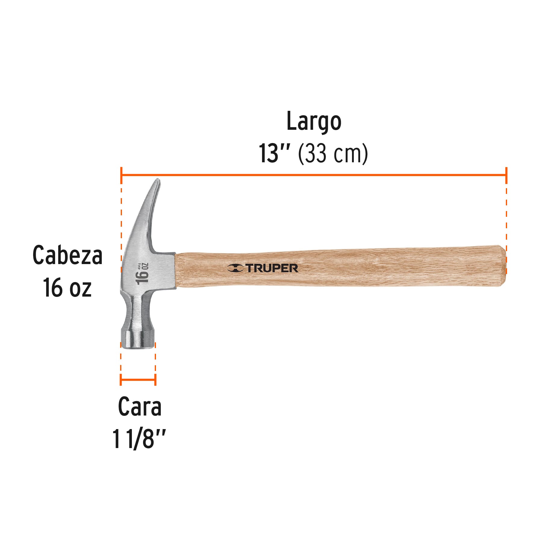 Martillo pulido, 16 oz, uña recta, mango madera, Truper