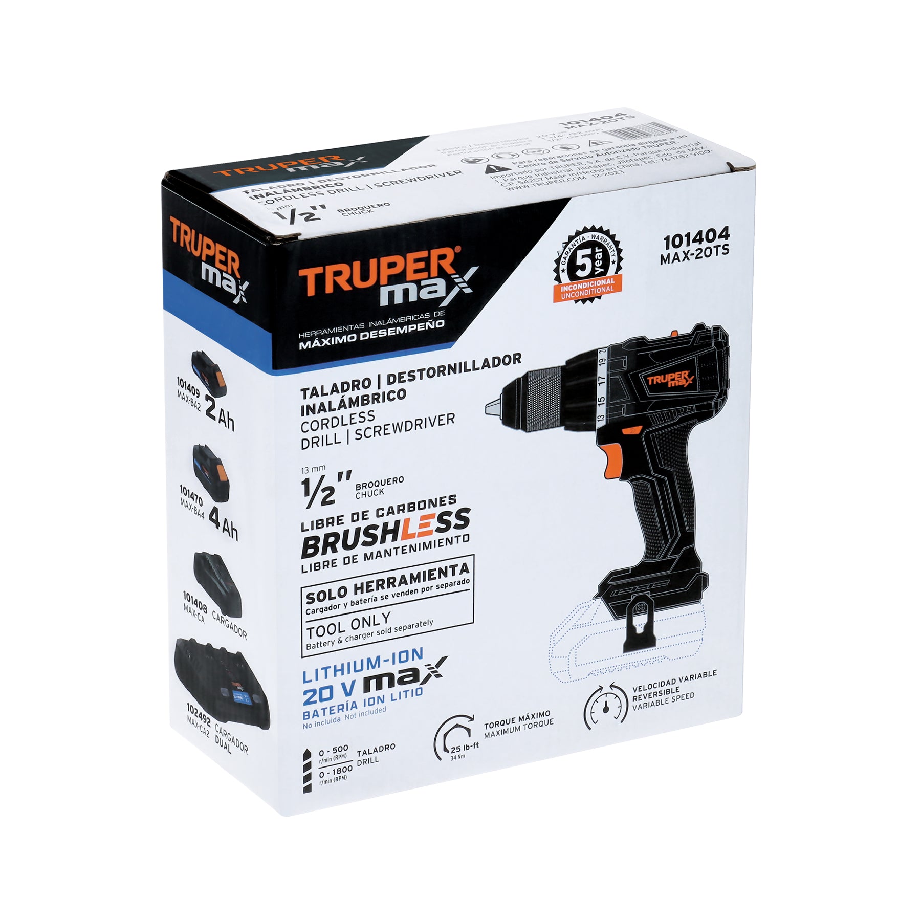 Taladro inalámbrico 1/2", 20V, sin accesorios, MAX