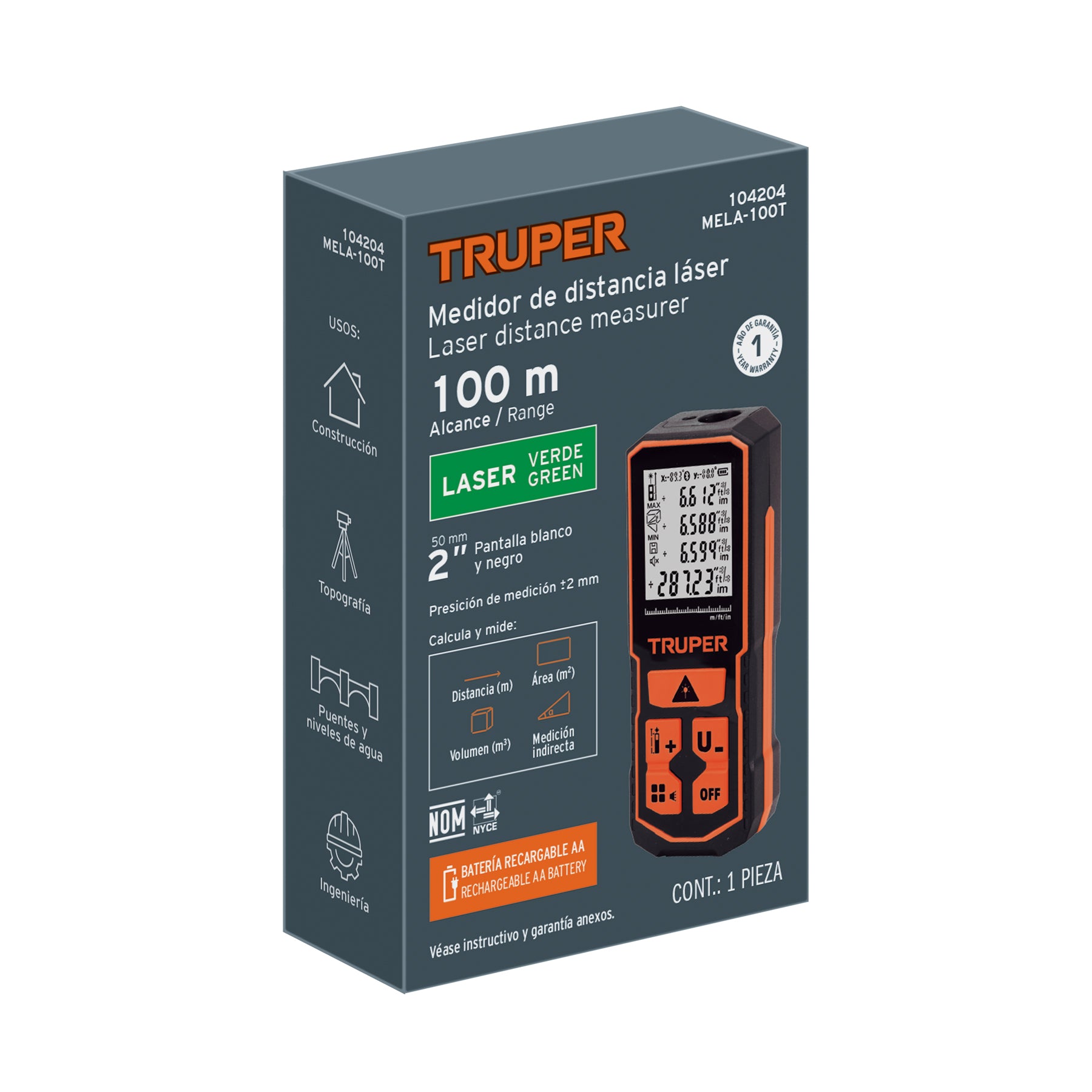 Medidor láser de distancia de 0.05 m a 100 m, Truper, MELA-100T, 104204