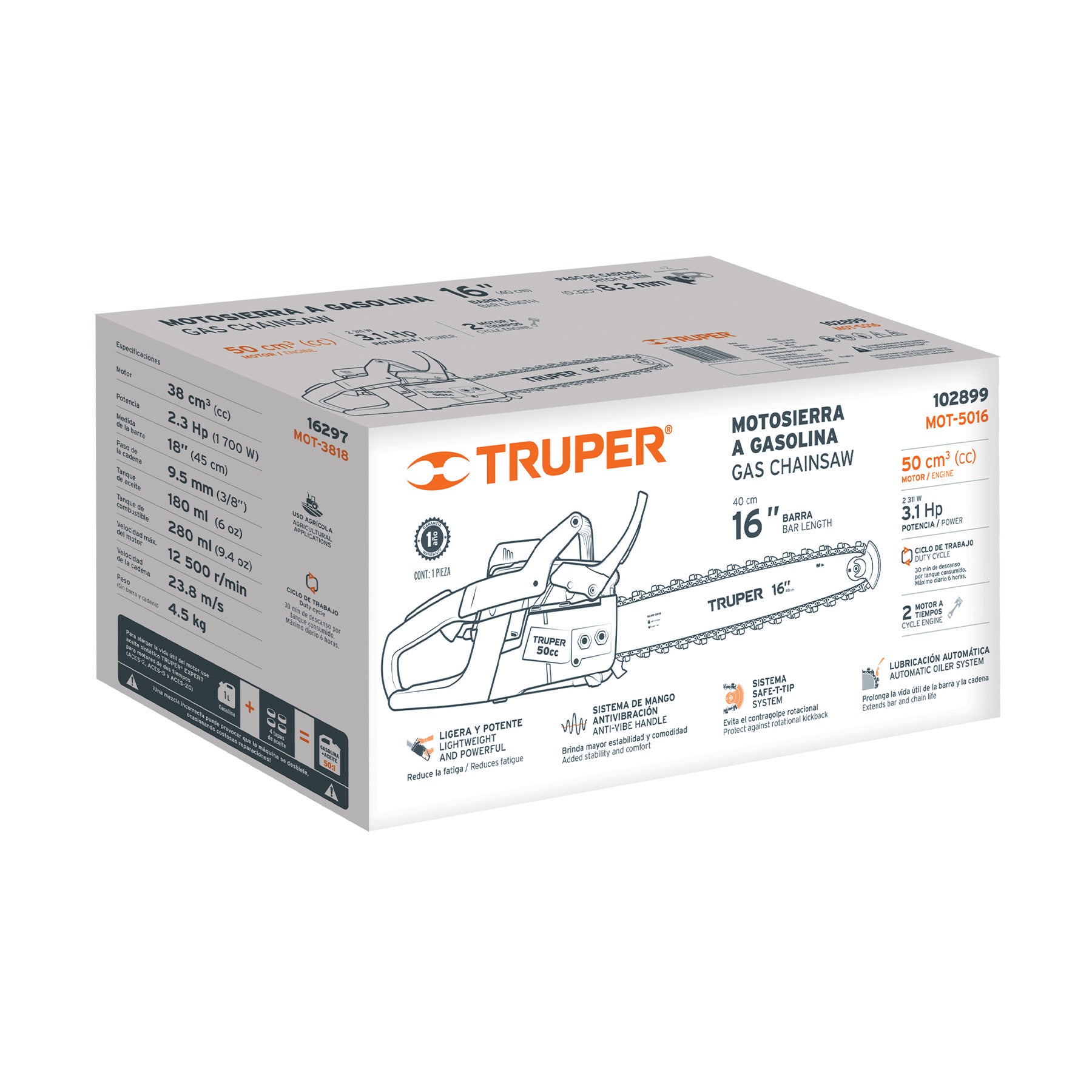 Motosierra 50 cc a gasolina con barra de 16", Truper