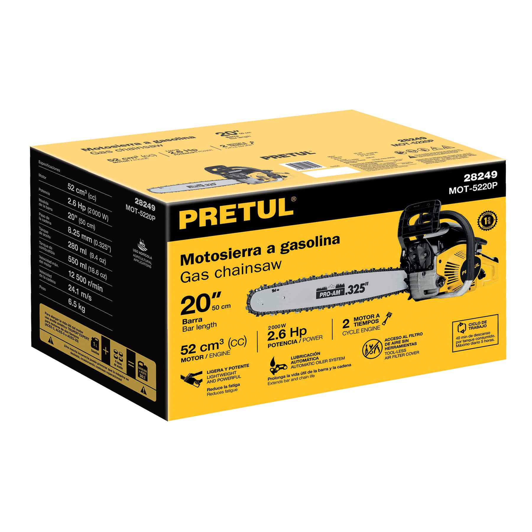 Motosierra 52 cc a gasolina con barra de 20", Pretul
