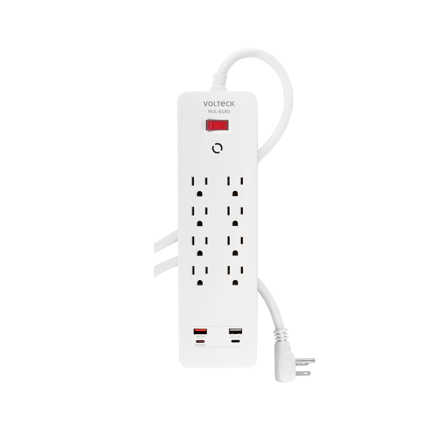 Multicontacto 8 entradas, 2 USB A + 2 USB C, blanco, Volteck, MUL-818U, 45586