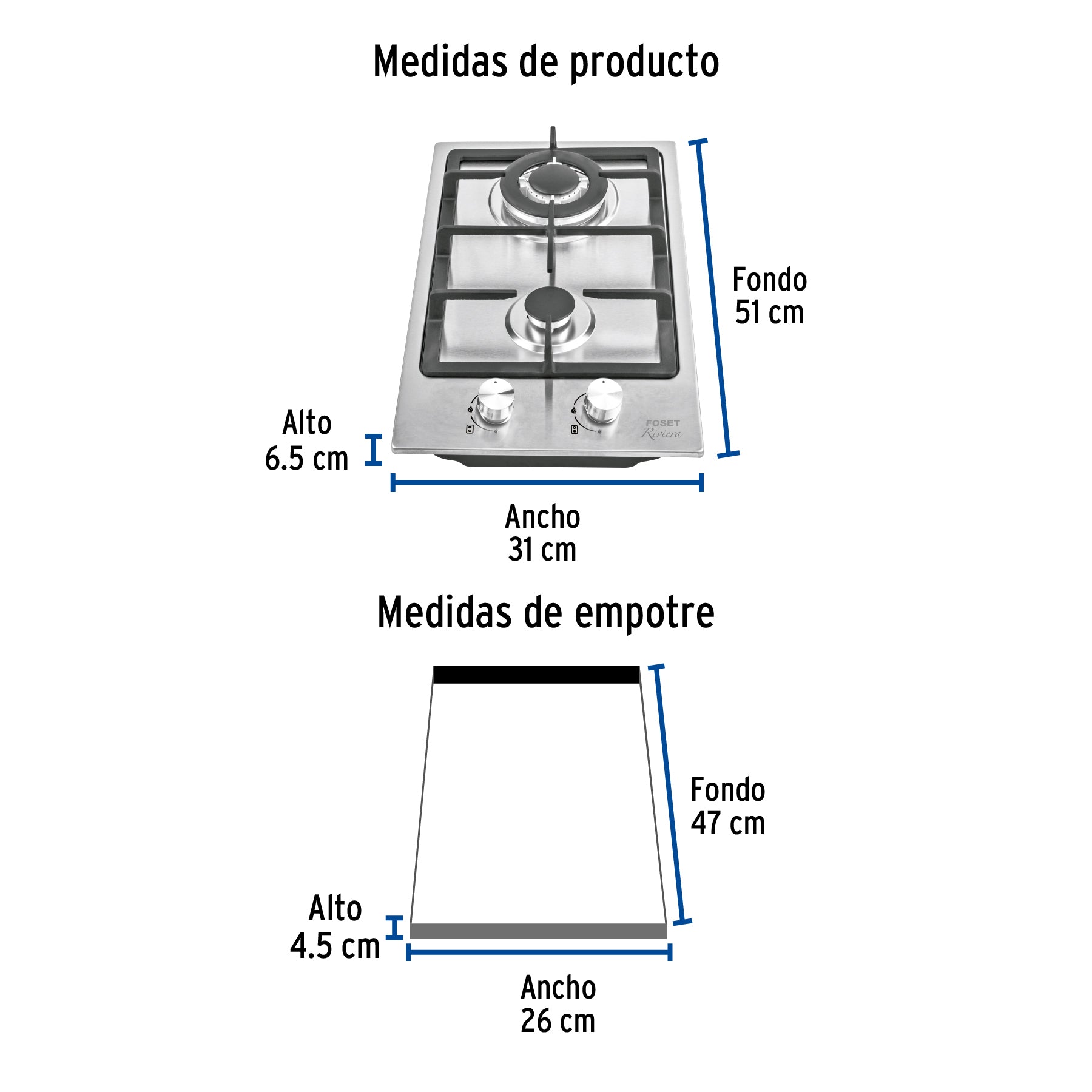Parrilla gas empotrable 30cm, 2 quem, acero inoxidable Riviera