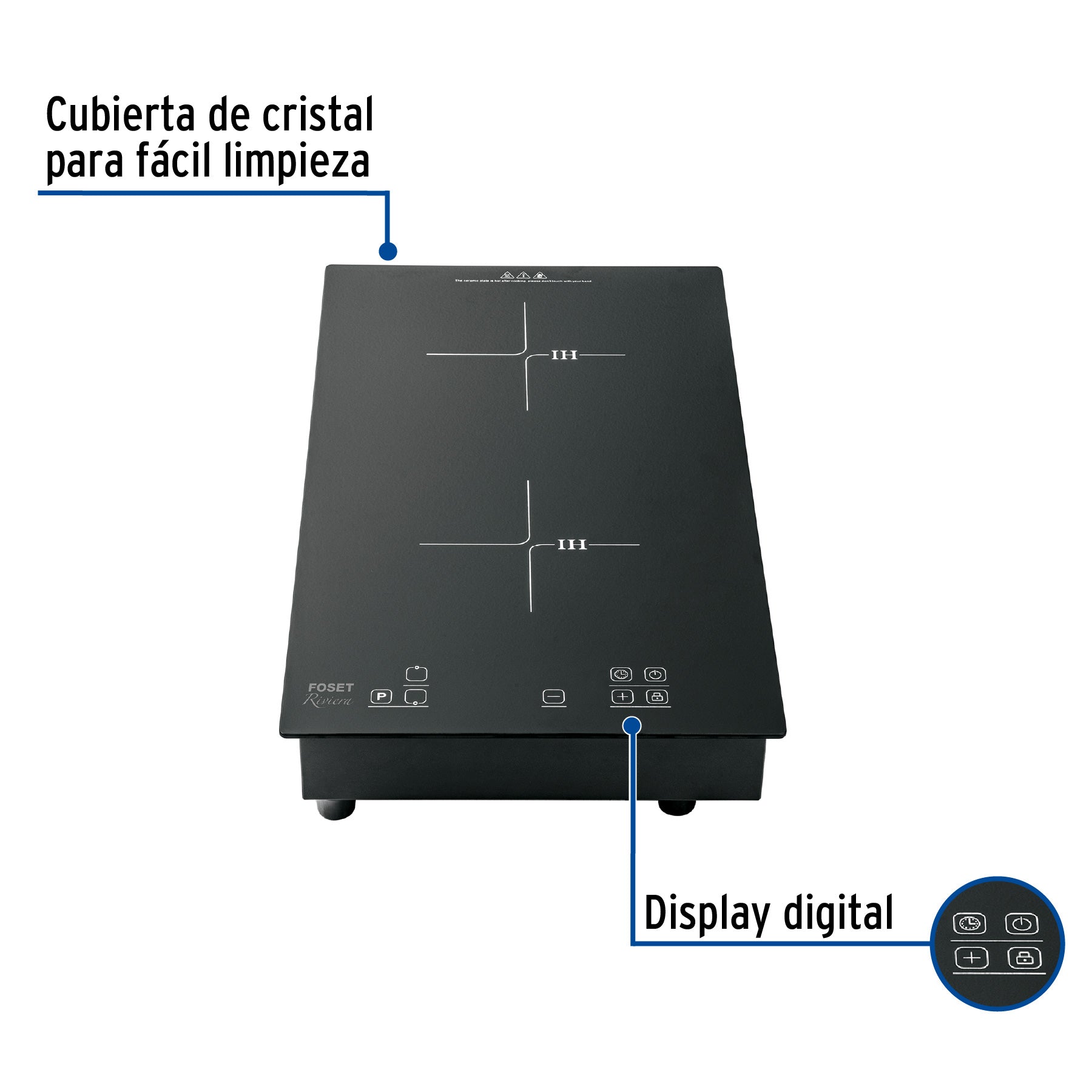 Parrilla inducción empotrable 30cm, 2 quem, vidrio, Riviera