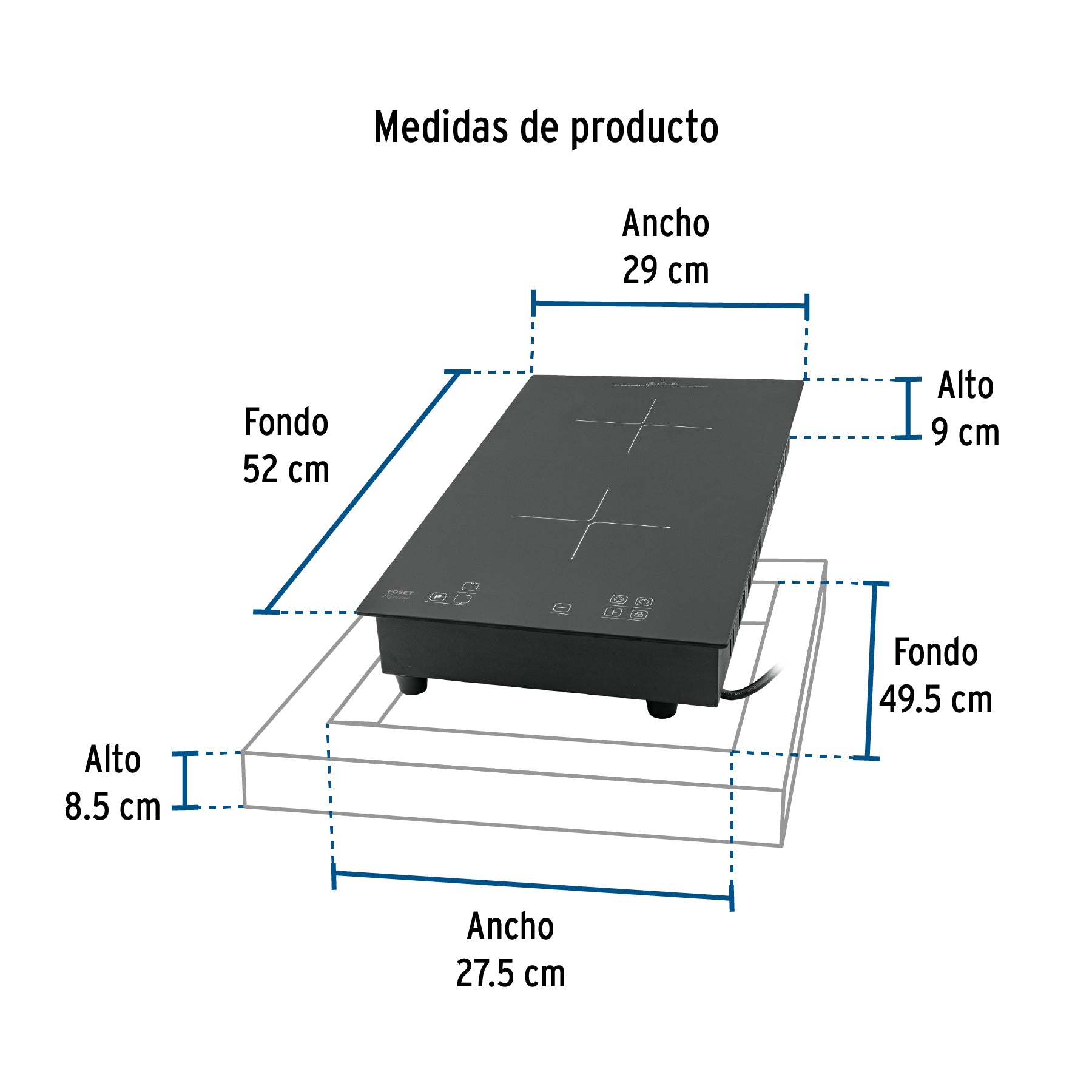 Parrilla inducción empotrable 30cm, 2 quem, vidrio, Riviera