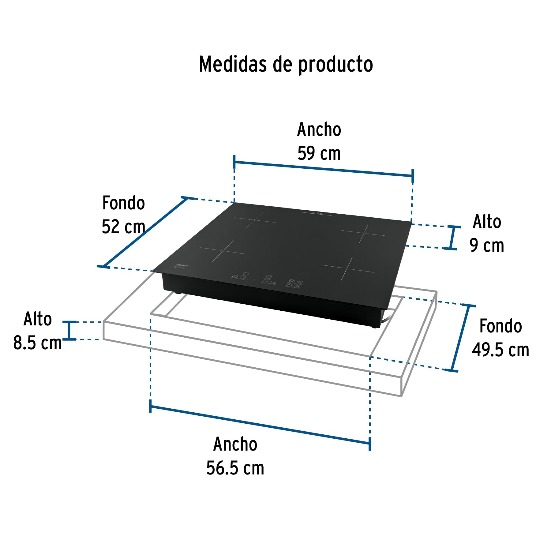 Parrilla inducción empotrable 60cm, 4 quem, vidrio, Riviera