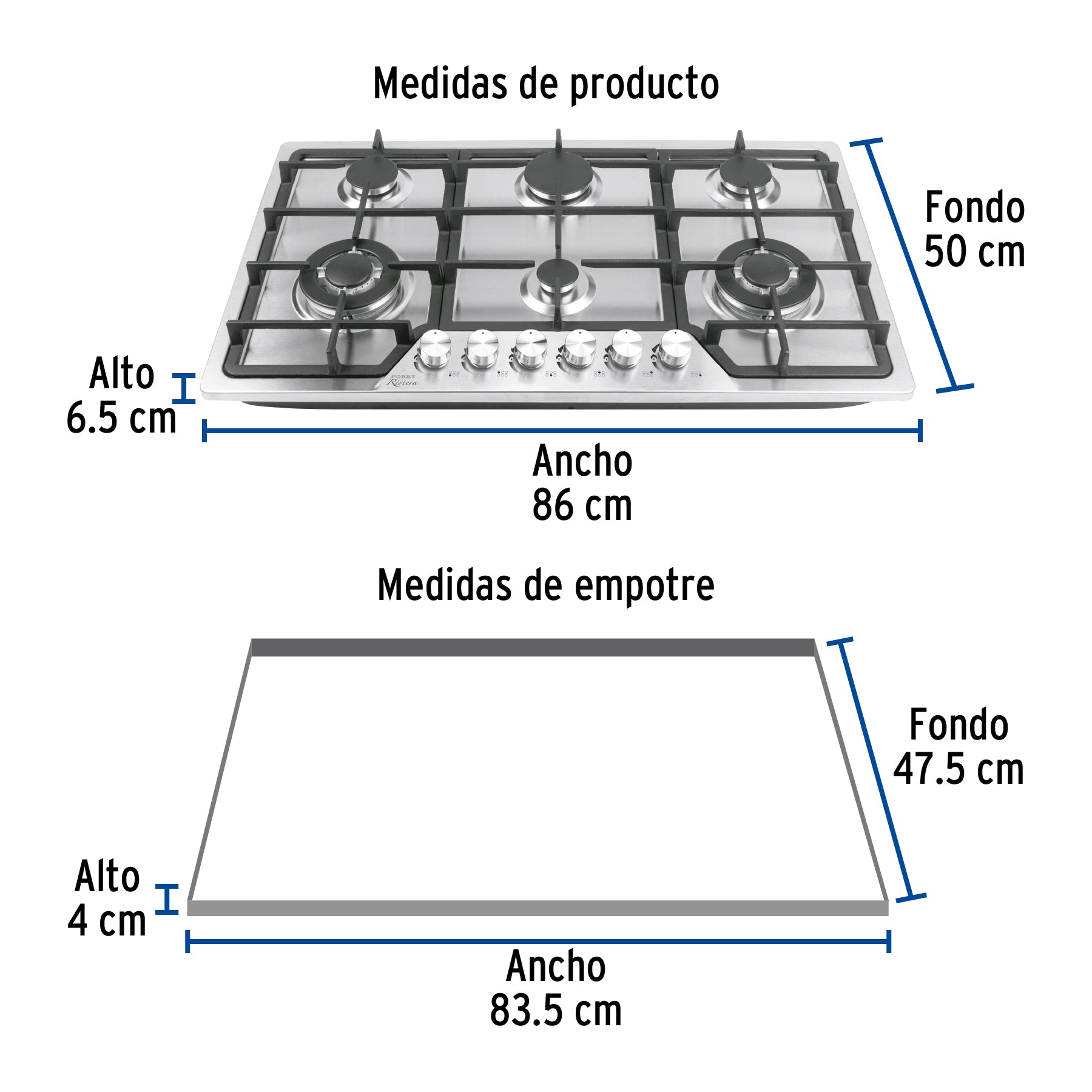 Parrilla gas empotrable 90cm, 6 quem, acero inoxidable Riviera